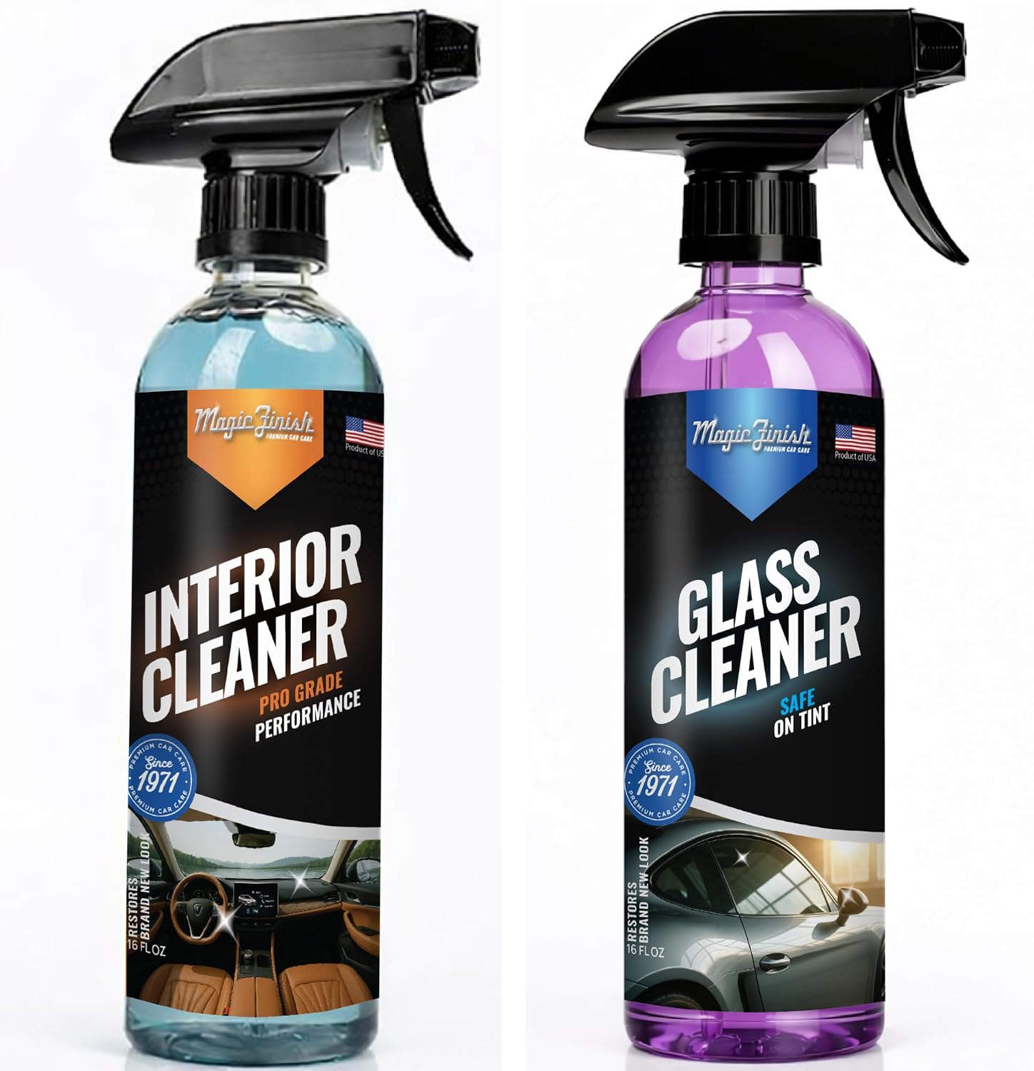 Magic Finish Vehicle Interior & Glass Cleaning Spray Kit (16 fl oz Each) – Streak-Free Glass Cleaner + Car Interior Cleaner Spray – Tint Safe, Anti-Fog, Non-Greasy Finish, Complete Car Detailing Kit
