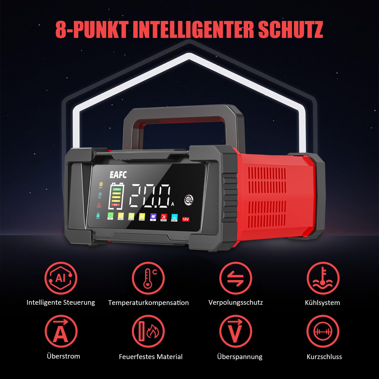 20A Tragbar Autobatterie Ladegerät, 12V/24V Batterie Erhaltungsladegerät, 9-Stufiges Laden, Reparaturmodus, Batterieladegerät für STD, AGM, EFB, Gel, SLA, LiFePO4, Kraftfahrzeug, Motorrad
