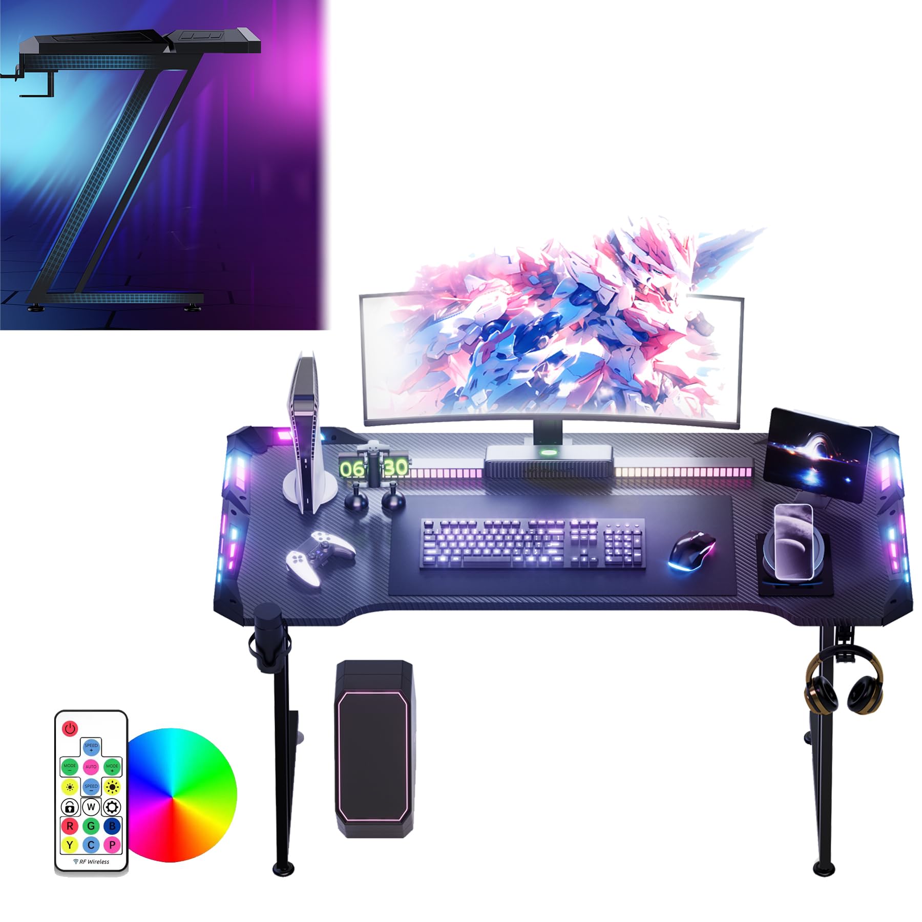LED Computertisch mit Kohlefaser Beschichtung, Z-Frame Gaming Schreibtisch, Esport Ergonomischer Tisch mit Kopfhörerhaken Getränkehalter, Schreibtisch Perfekt für Schlafzimmer Büro(120x60x75cm)