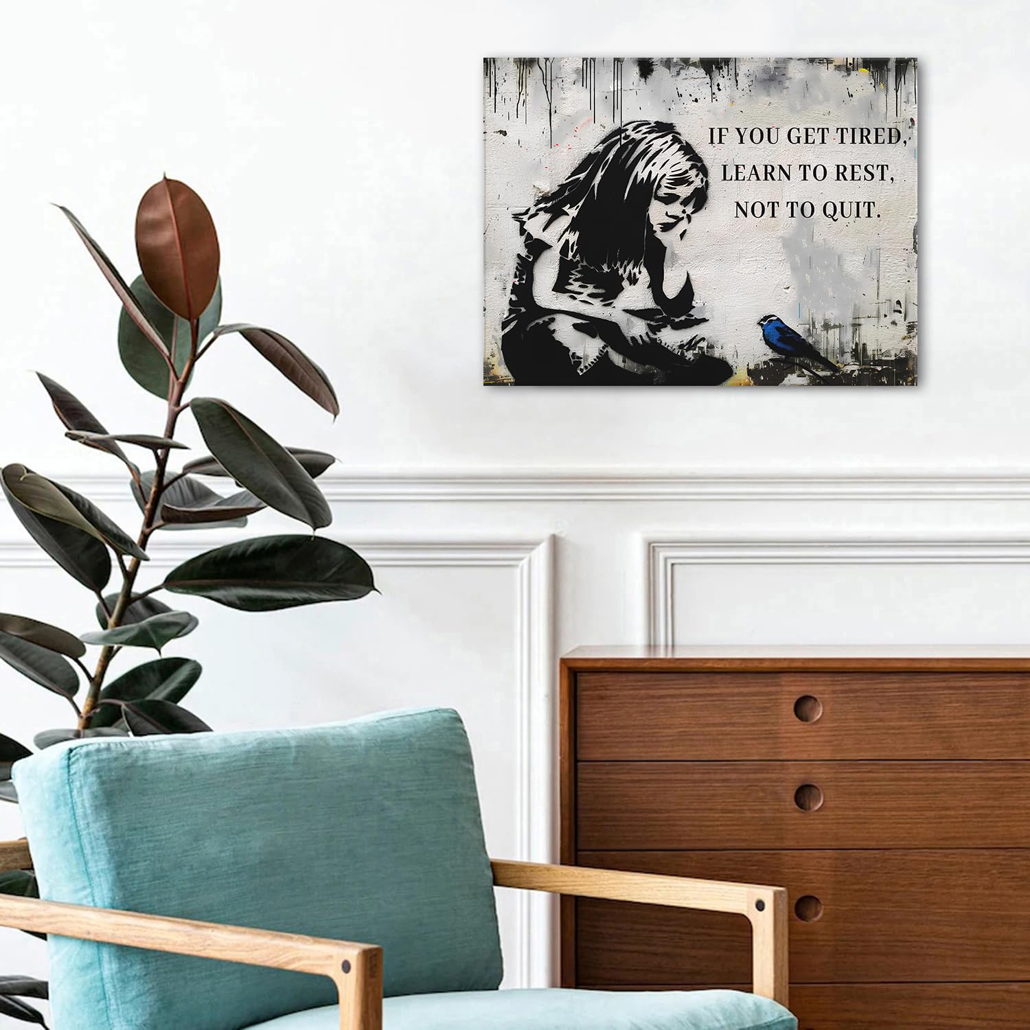 Banksy Canvas Wall Art Black and White Graffiti Street Pop Artwork Girl Canvas Prints Pictures If You Get Tired Learn to Rest Inspirational Quotes Wall Art for Living Room Bedroom Decorations 30x40cm - Image 2