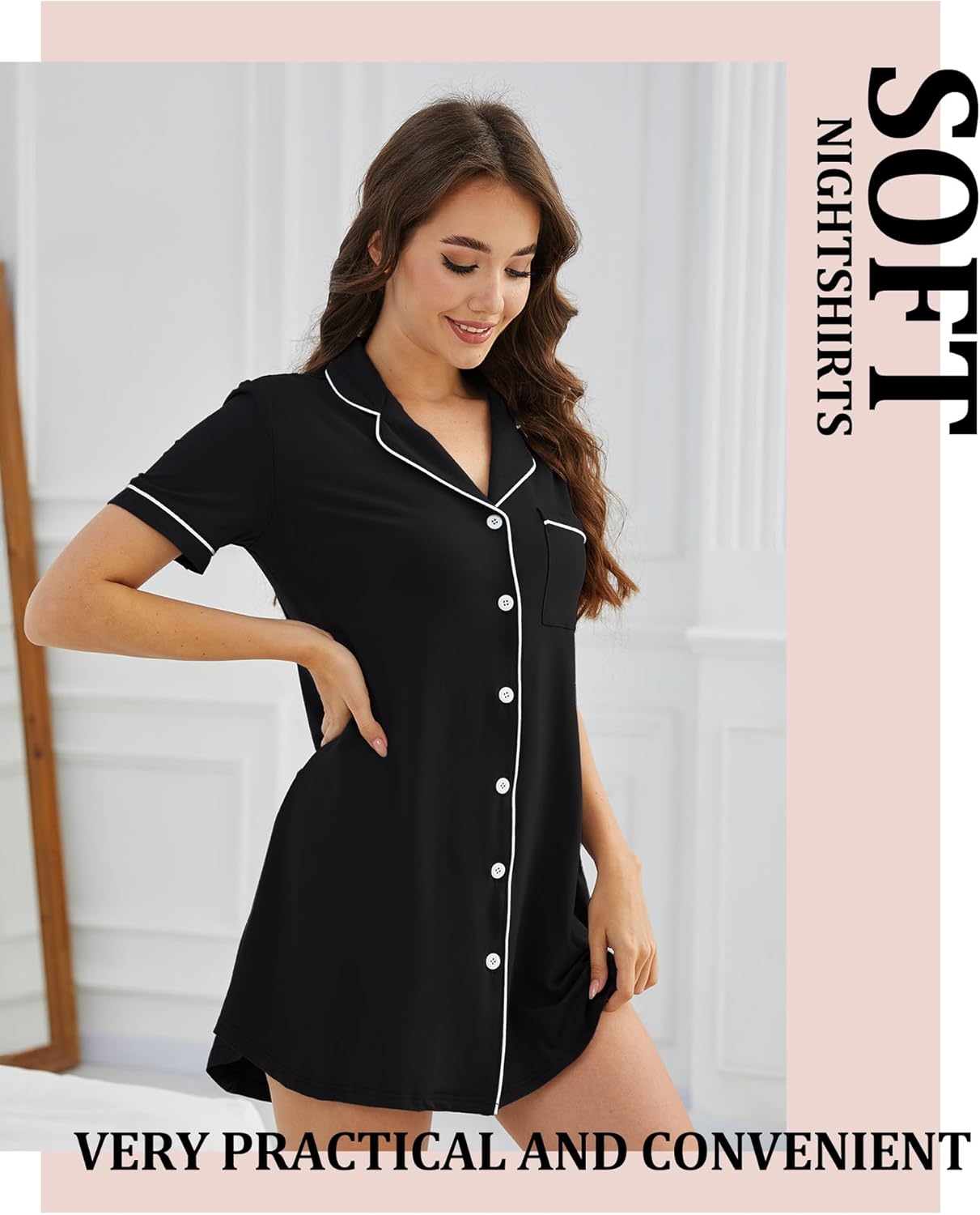 2 Pack Nightgowns for Women Button Down Sleepshirt Short Sleeve Sleepwear Soft Nightshirts V Neck Pajama Dress - Image 6