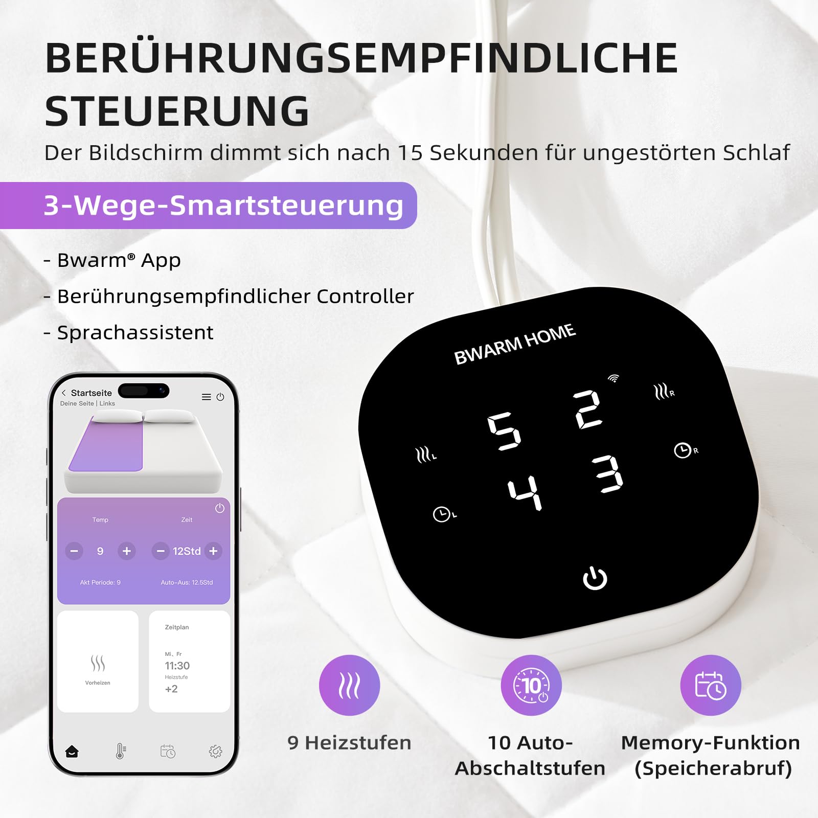 WLAN-Wärmeunterbett 160×200 cm (Queen Size), elektrisches Heizunterbett mit 9 Heizstufen, 1–12 Std. Abschaltautomatik, extra Tiefe Taschen, maschinenwaschbar, diamantgesteppt