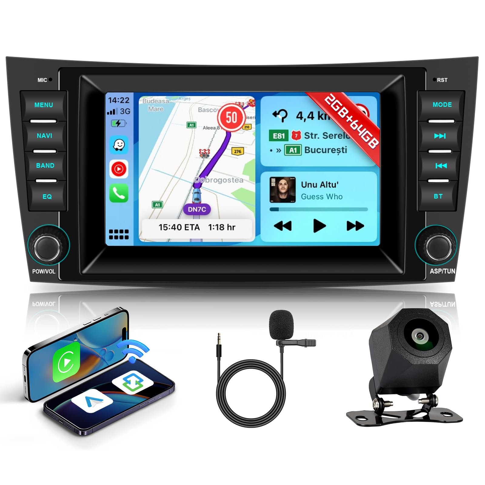Hodozzy 2G+64G Autoradio für Mercedes-Benz E-Klasse W211 CLS-Klasse W219 mit Wireless Carplay Android Auto, 2 Din Radio 7 Zoll Touchscreen mit Navi Bluetooth WiFi DSP FM/RDS Canbus Rückfahrkamera