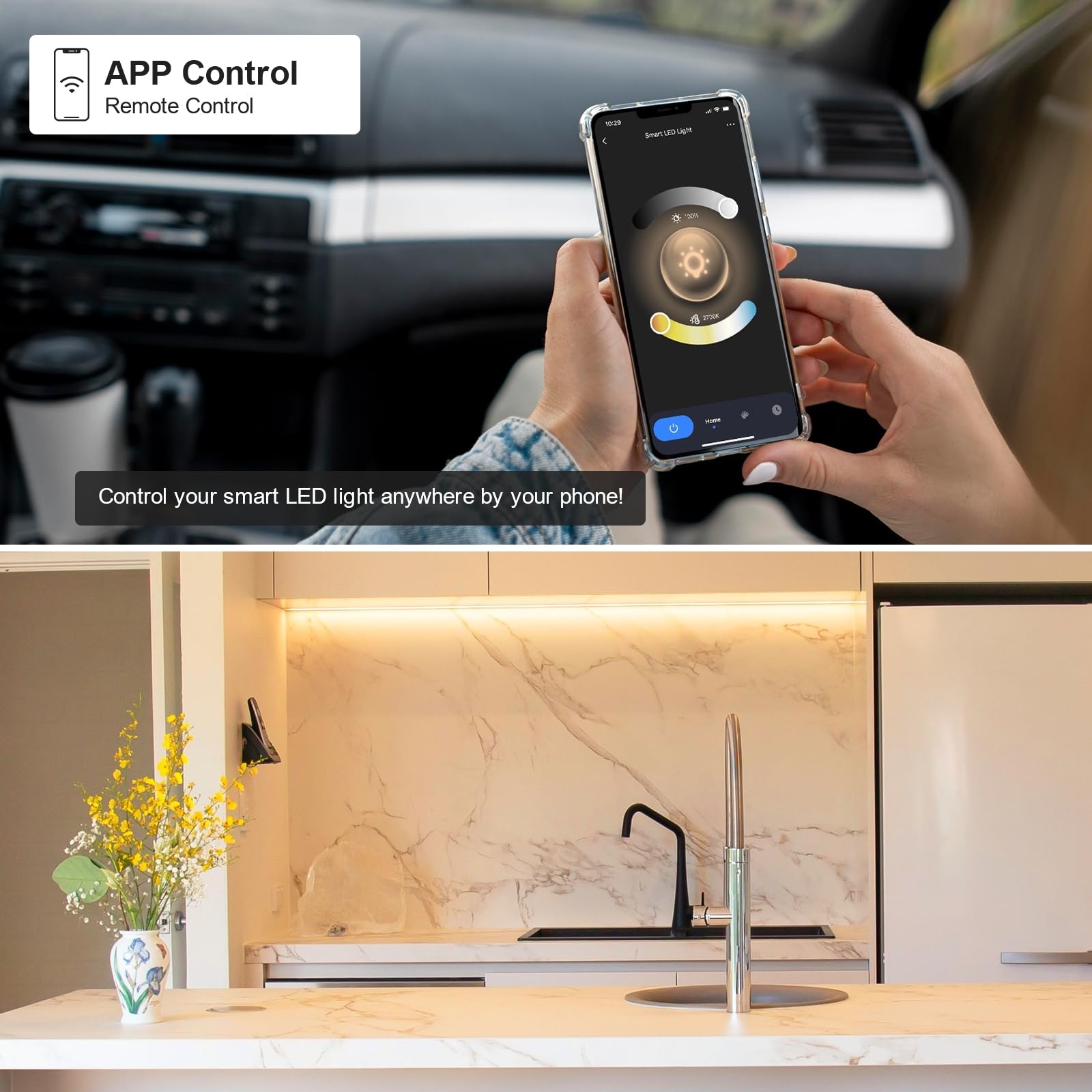 Paquete de 2 luces LED regulables de 20 pulgadas para debajo del gabinete, 2700 K a 6000 K, accesorio de iluminación LED inteligente para debajo del mostrador, compatible con Alexa, Google