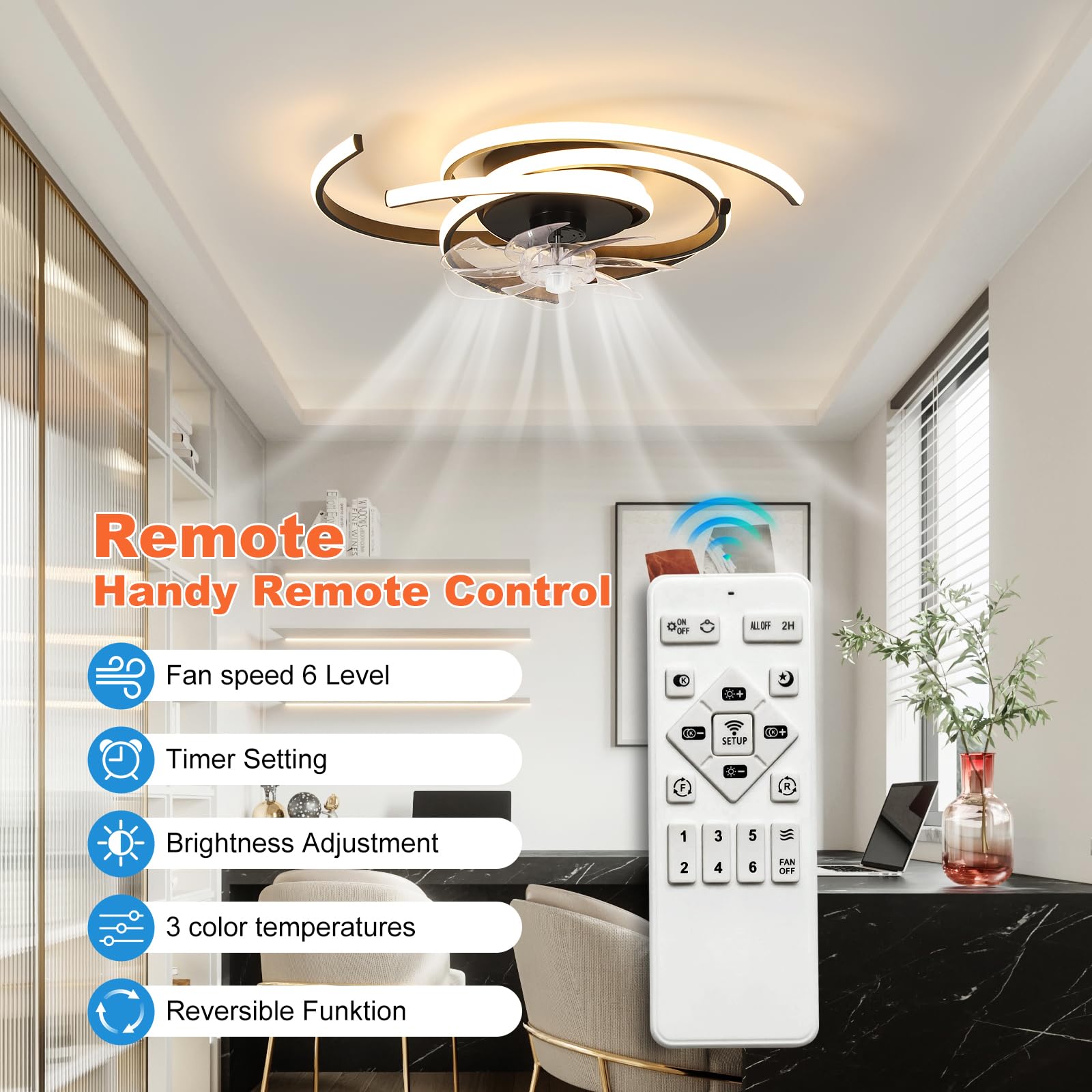 LED-Beleuchtung mit stummem Deckenventilator 45 W Deckenleuchte mit Ventilatorlicht, App und Fernbedienung, kreative Form Acrylschirm (weiß) Wohnzimmer Schlafzimmer Küche (weiß)