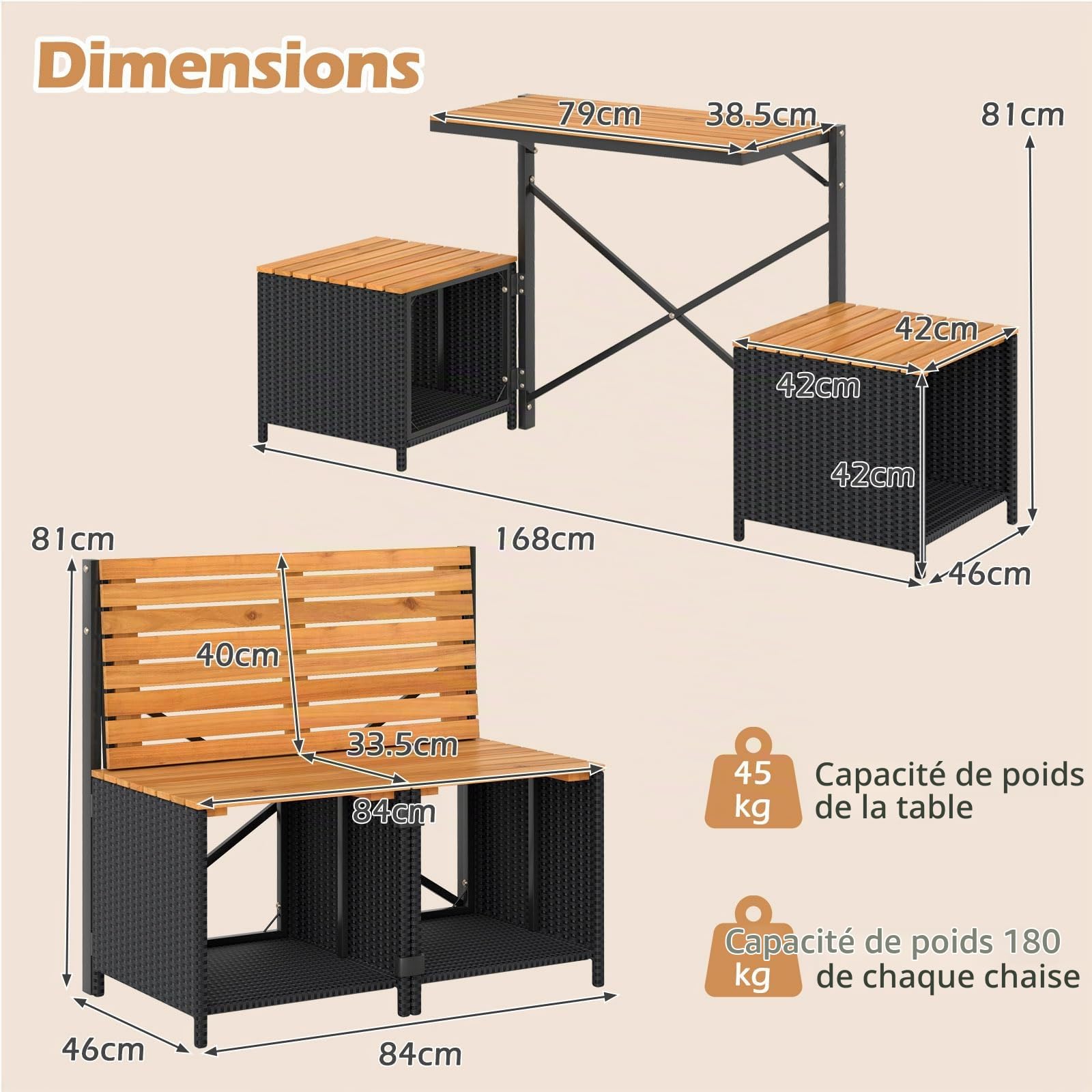 LIFEZEAL Ensemble Banc de Jardin 2 en 1, Banc Pliable et Table en Rotin et Bois d’Acacia, Gain de Place, Table de Pique-Nique Pliable Extérieur pour Porche, Jardin, Terrasse, Charge 360 kg (Noir)