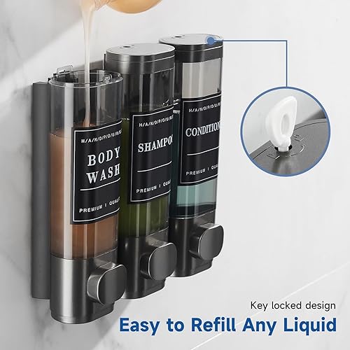 Miniatura 5 de Dispensador de champú y acondicionador, dispensador de jabón de ducha, 3 cámaras, sin taladro, dispensador de champú montado en la pared para ducha,