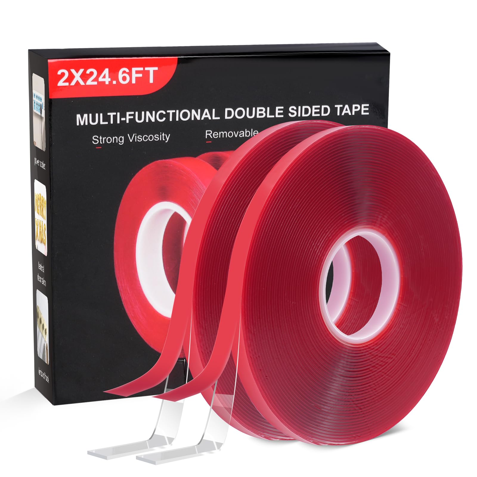 Double Sided Adhesive Tape, 2X24.6FT Heavy Duty Mounting Tape, Washable Reusable, Removes Without Trace, Clear Acrylic Material, for Home Office Decoration