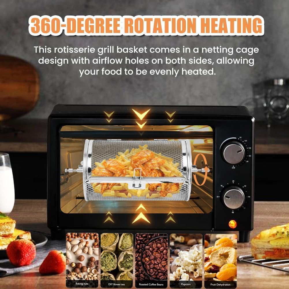 Rotatable Grilled Cage Air Fryer Oven Basket,360 Degree Heating Rotating Cages Rotisserie Basket for Baking Nuts, Coffee Beans, Peanut or BBQ Roaster Tool, Food Grade Stainless Steel (180mm*300mm)
