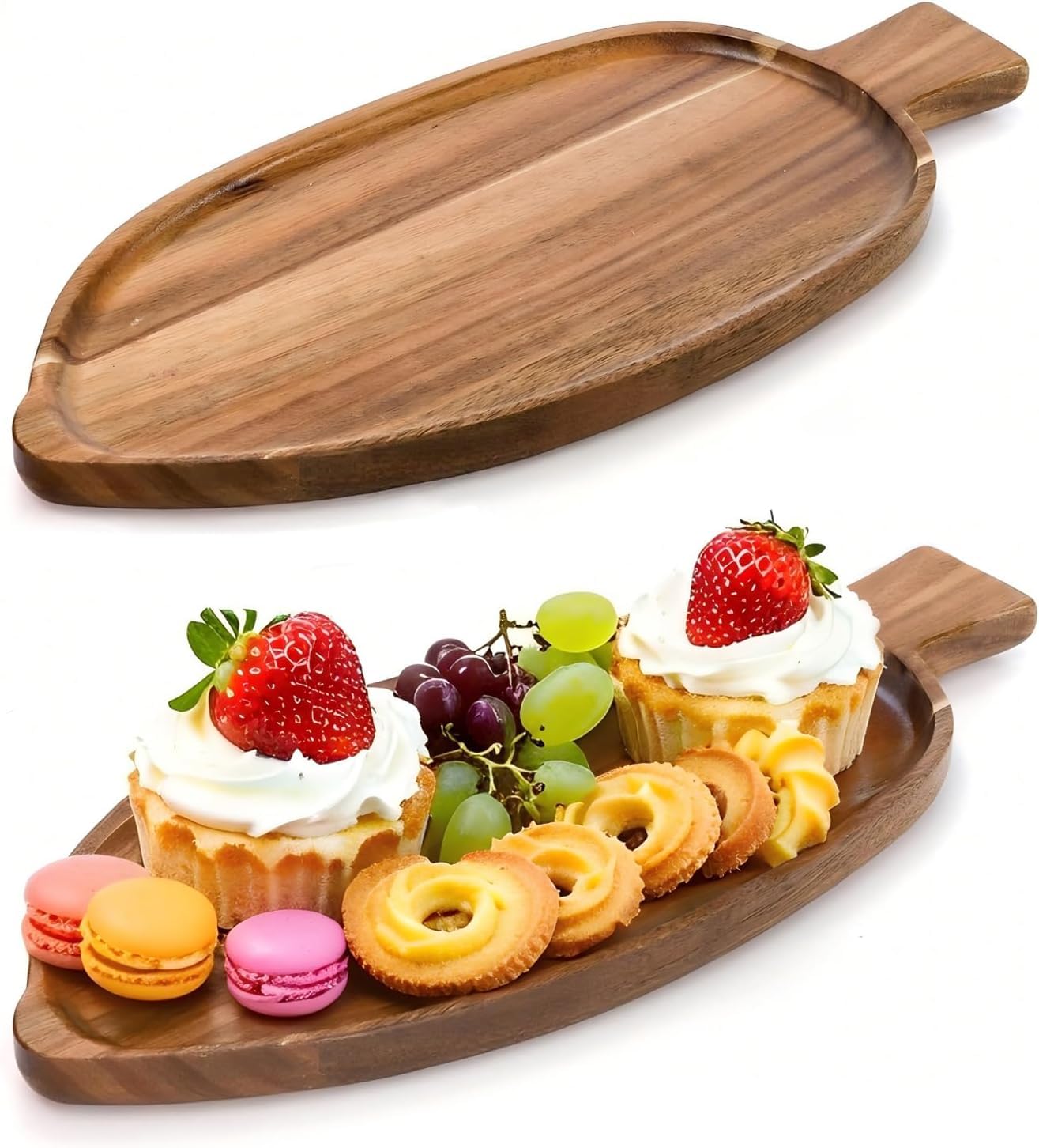 YOUEON 2 Pcs Leaf Shaped Acacia Wood Serving Trays, 13 x 5.5 Inch Decorative Wooden Platters, Versatile Wooden Trays for Cheese, Appetizers, Fruit, Candle, Jewelry, Home Decor