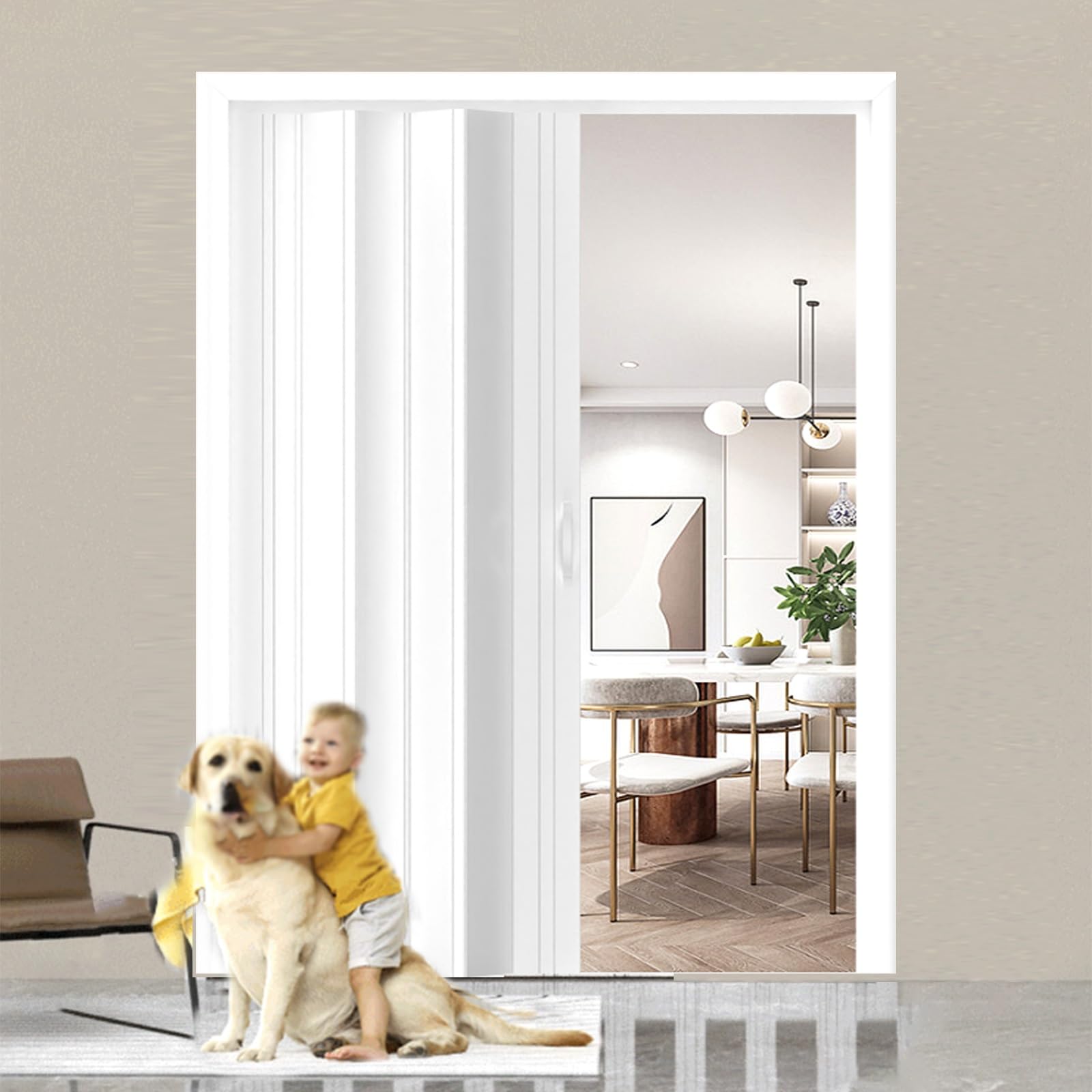 Portes coulissantes pliantes à deux volets avec poignées et verre acrylique, design moderne pour la maison et le bureau