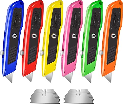 Jetmore Paquete de 6 cuchillos de utilidad para cajas de colores, con 10 cuchillas SK5, cortador de caja retráctil, abridor de caja resistente para