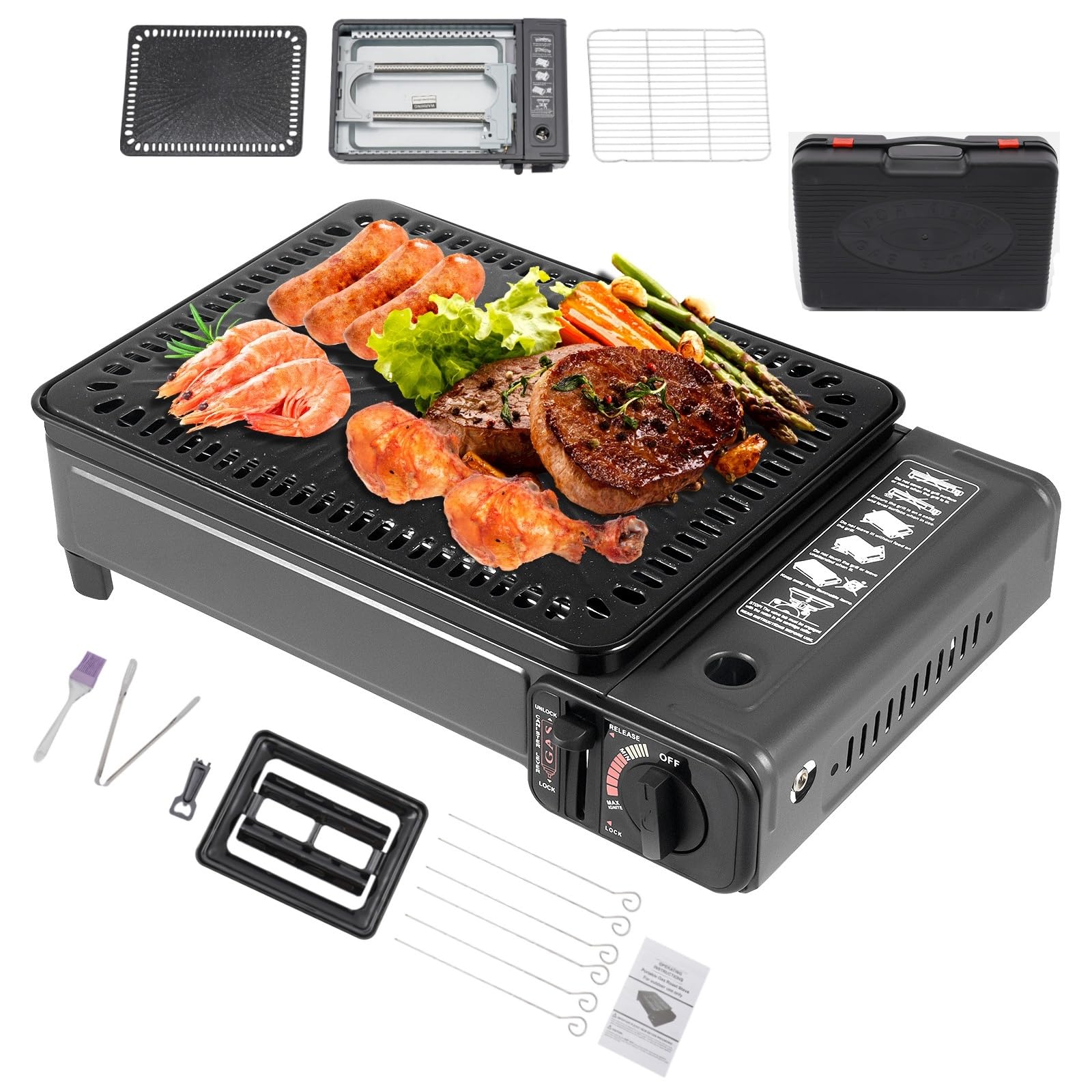 Barbecue Gaz Camping 2en1 Grille Plaque Réchaud 3,2kg Kit Mallette | Barbecue gaz camping 2en1 grille/plaque 3,2kg, réchaud double alim butane/GPL, flamme réglable, kit mallette.