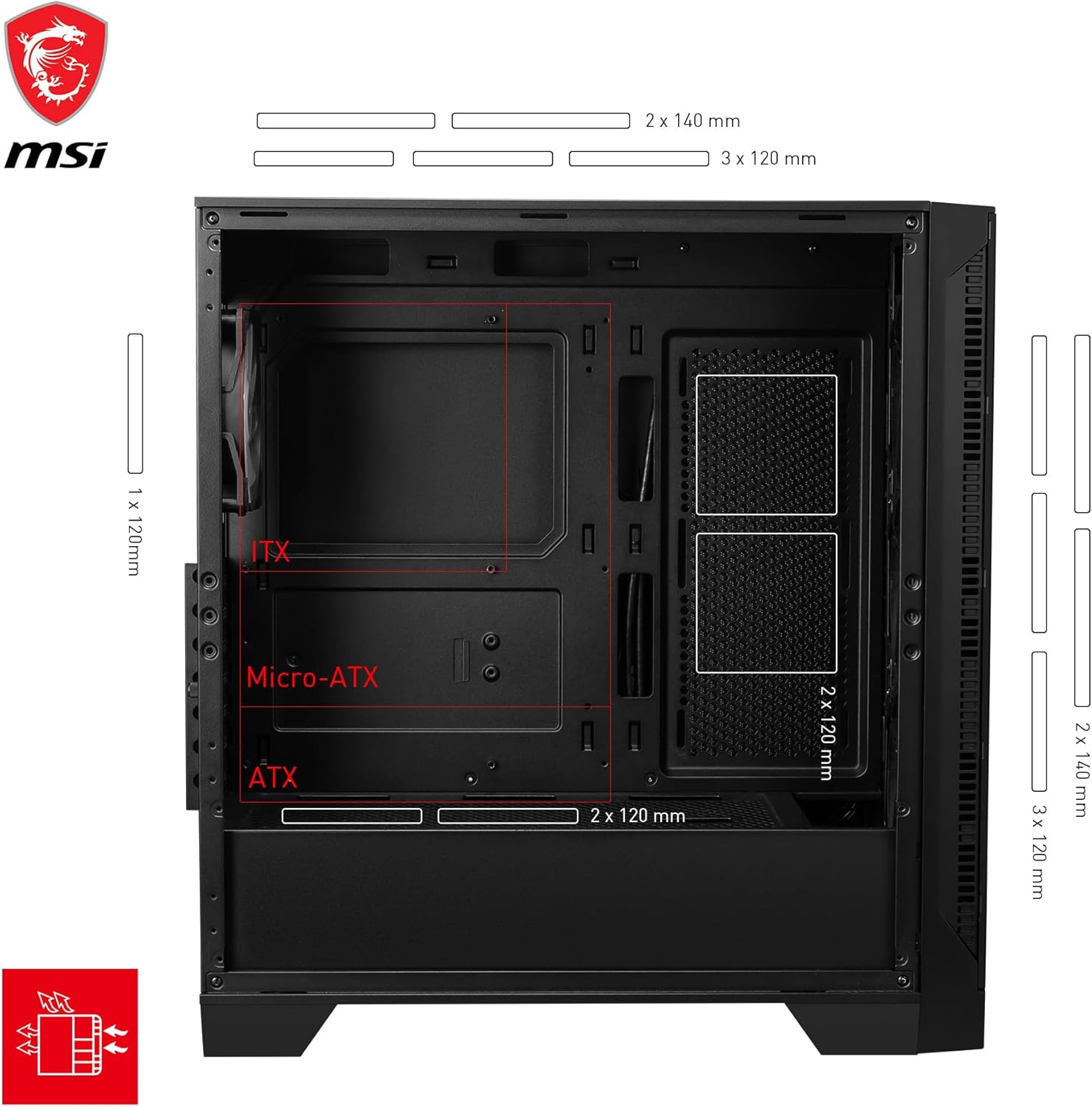 MSI MAG Forge 321R Airflow - Premium Mid-Tower Gaming PC Case - Tempered Glass Side Panel - ARGB 120mm Fans - Liquid Cooling Support up to 360mm Radiator - Vented Front Panel