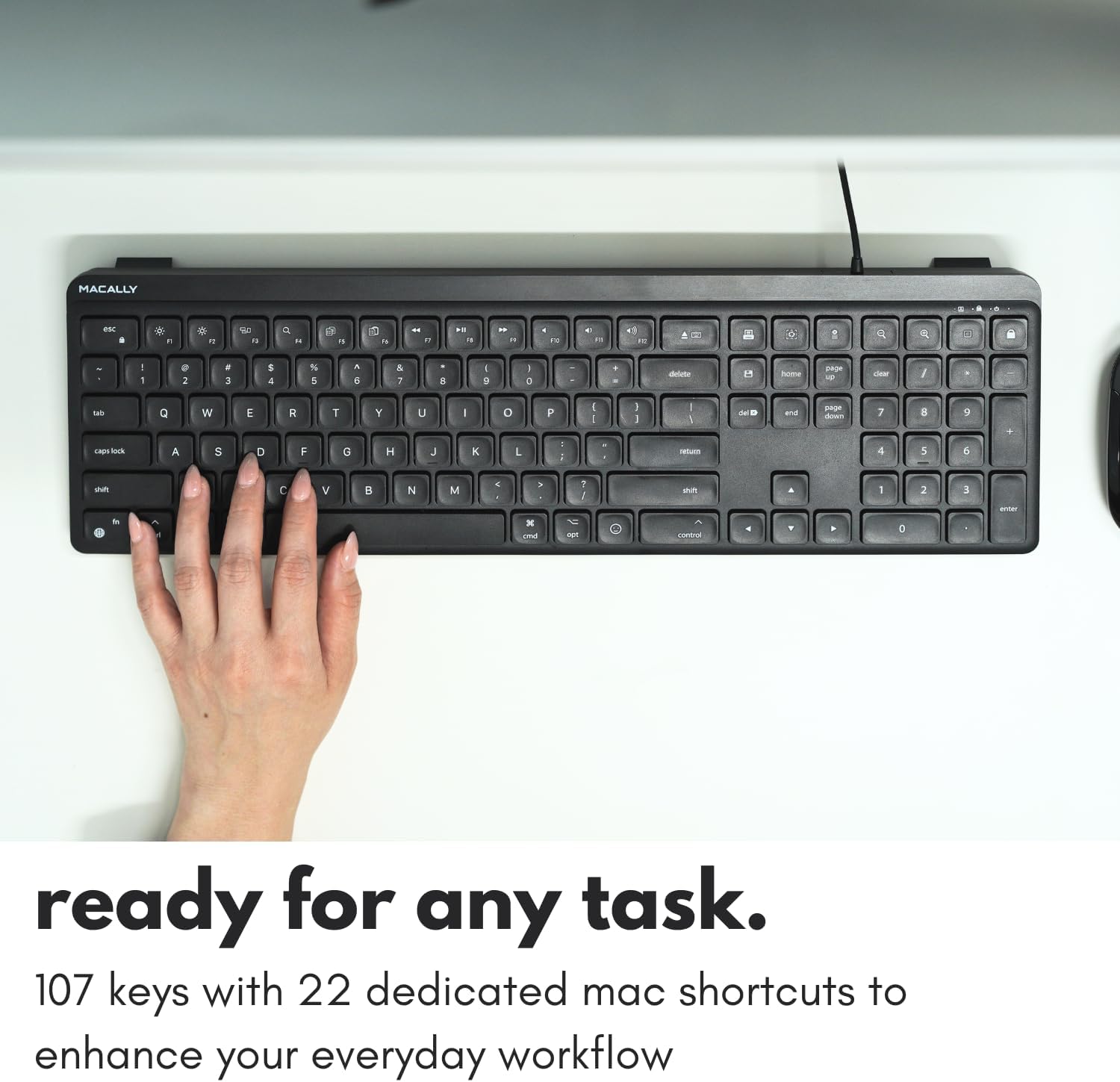 Macally USB C Wired Keyboard for Mac (USB C + USB A) – Full Size Keyboard with 22 Shortcuts, Quiet Typing, for MacBook, iMac, MacMini, iPad – Black
