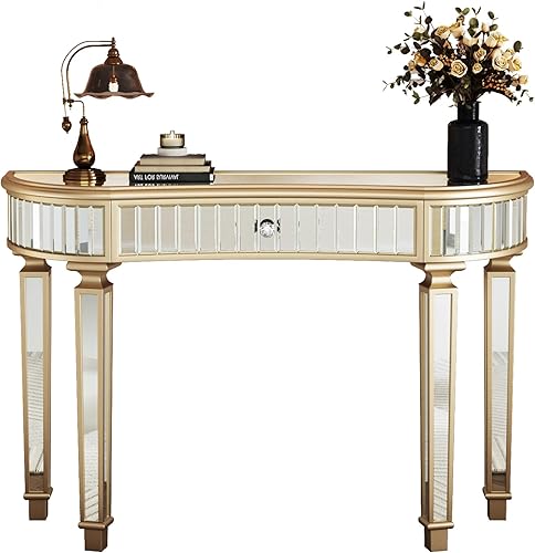 Miniatura 15 de SSLine Mesa de tocador de maquillaje con espejo, mesa auxiliar moderna para sofá, mesa auxiliar con espejo, mesa de tocador con 2 cajones, mesa de