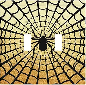 Decorative Switch Plate Covers Black Spider Spiderweb on Golden Background 2 Gang Light Switch Cover Plate Unique Double Toggle Wall Plate Light Switch Covers for Bedroom Decor
