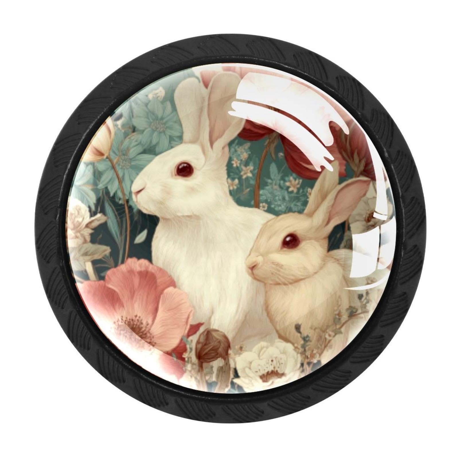Chenzzzz Multicolored 09 4 Pieces Round Cabinet Knobs Rustic Dresser Knobs, Drawer Cupboard Wardrobe Cabinet Pulls Handles Hardware For Home Kitchen Furniture, Easter Rabbits Floral