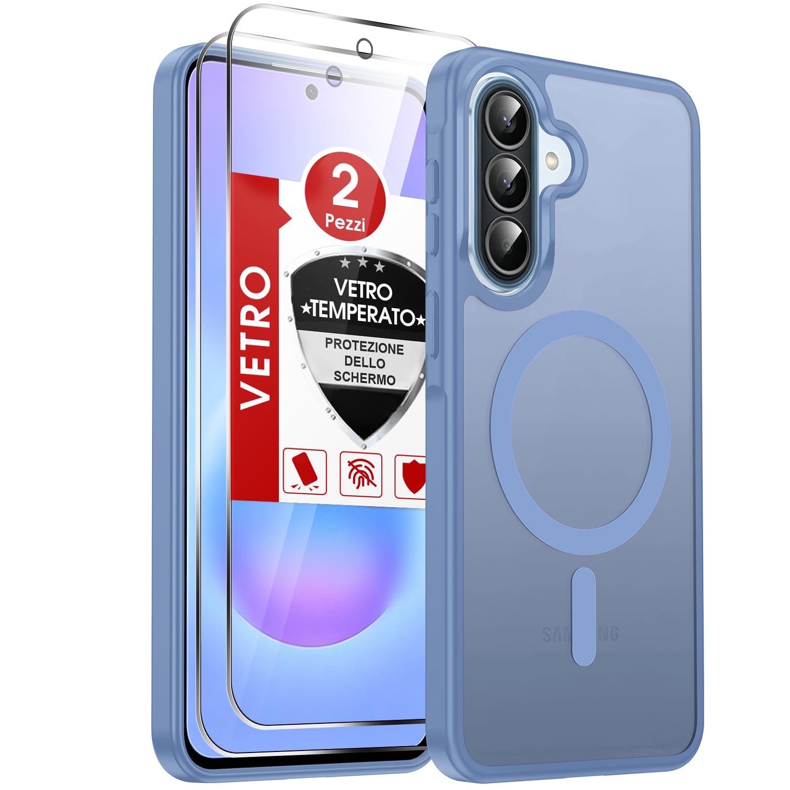 LeYi Cover Magnetica per Samsung A57 5G con 2 Vetro Temperato (Blu Alpino) | Custodia per Samsung Galaxy A 57 Traslucida Opaca Anti-Impronte Resistente Antigraffi TPU Bumper Antiurto Protettiva Case