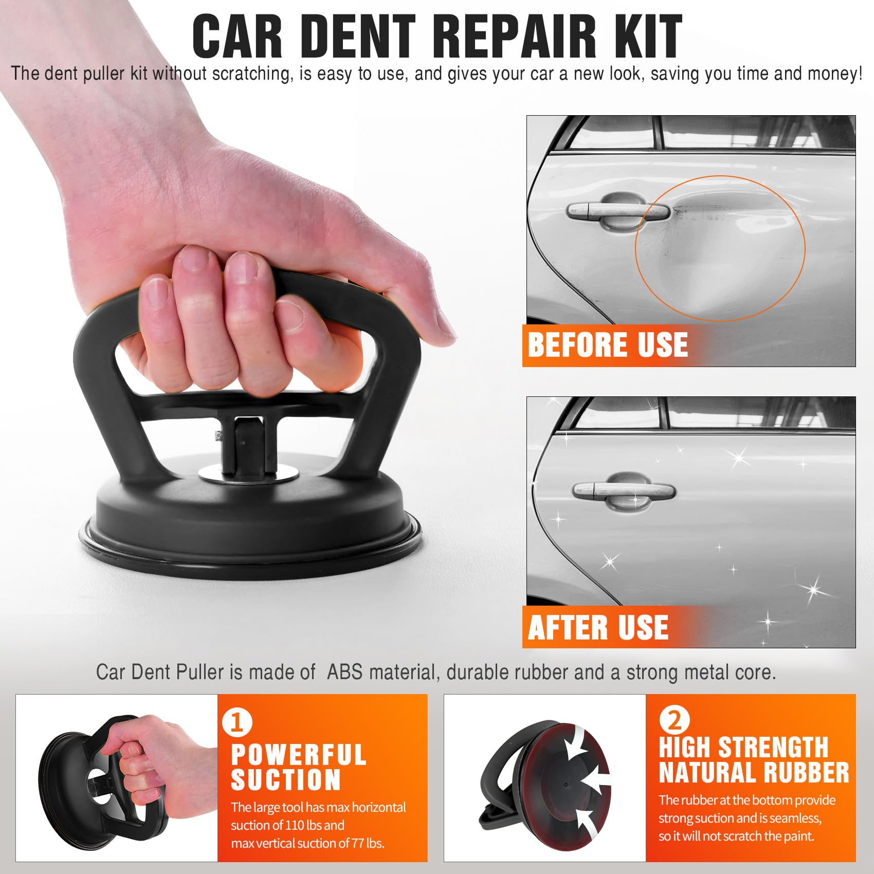 Dent Puller 3-Pack - Car Dent Puller, Dent Puller Kit with Heavy Duty Suction Cup & T-Handle Lifter. Dent Remover Tool for Car, Glass Lifting, Screen Moving (Black+Orange) — view 2