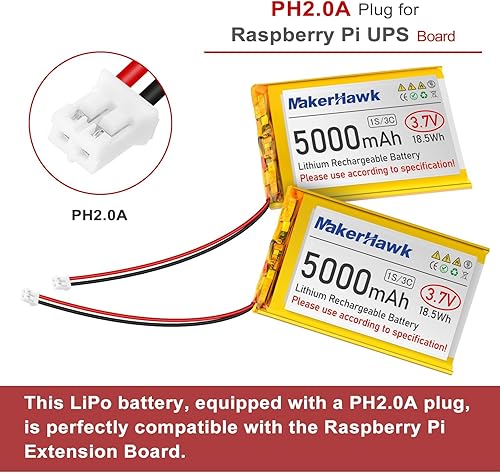 Miniatura 2 de MakerHawk Batería LiPo de 3.7 V 5000 mAh recargable 1S 3C baterías de polímero de litio con placa de protección cinta de goma aislada, enchufe PH2.0