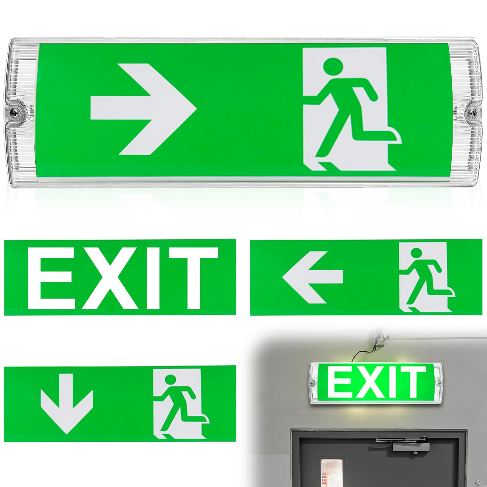 Vaileal Iluminación LED de Emergencia: Luz Constante y Señal de Salida de Emergencia, Incluye 4 Pictogramas de Salida, Para Interiores (35x11x5.5 cm)