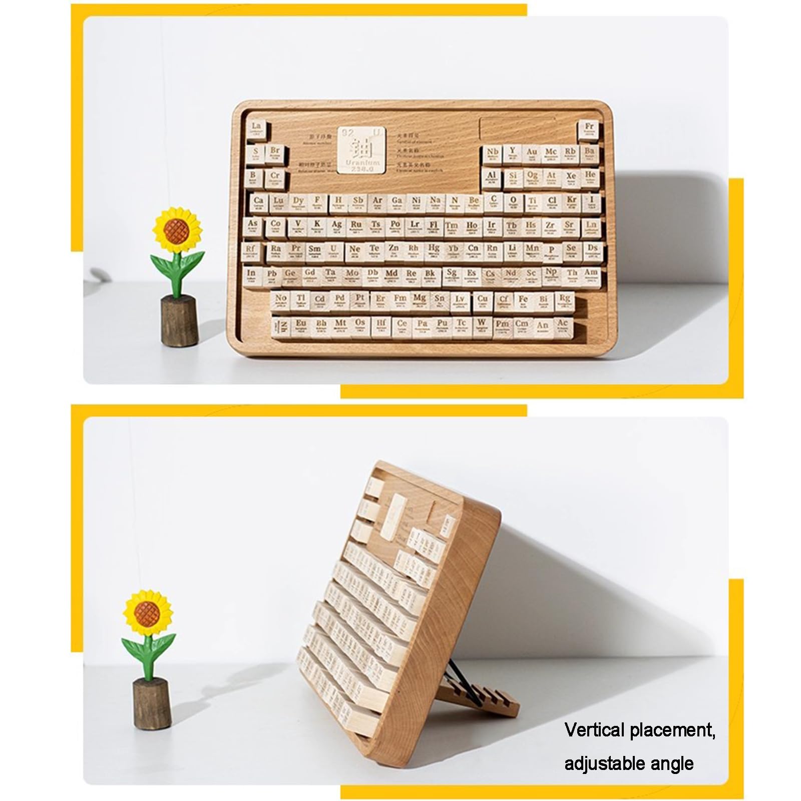 Tavola Periodica degli Elementi, Espositore a Blocchi con 120 Elementi, Cornice in Legno, con Supporto Regolabile, Regalo Didattico per Appassionati di Scienza E Insegnanti
