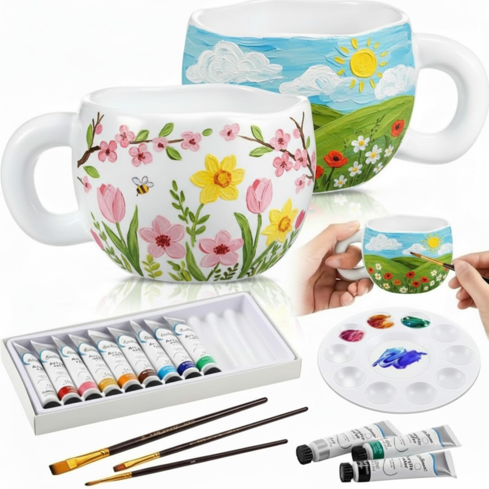 Sinmoe Set di Pittura su Tazza in Ceramica per Adulti 2 Tazze 12 Colori Ceramici 3 Pennelli 1 Tavolozza Regalo Mug Fai da Te Kit Bicchiere da Dipingere da Caffè per Compleanno Natale(Forma di Fiore)