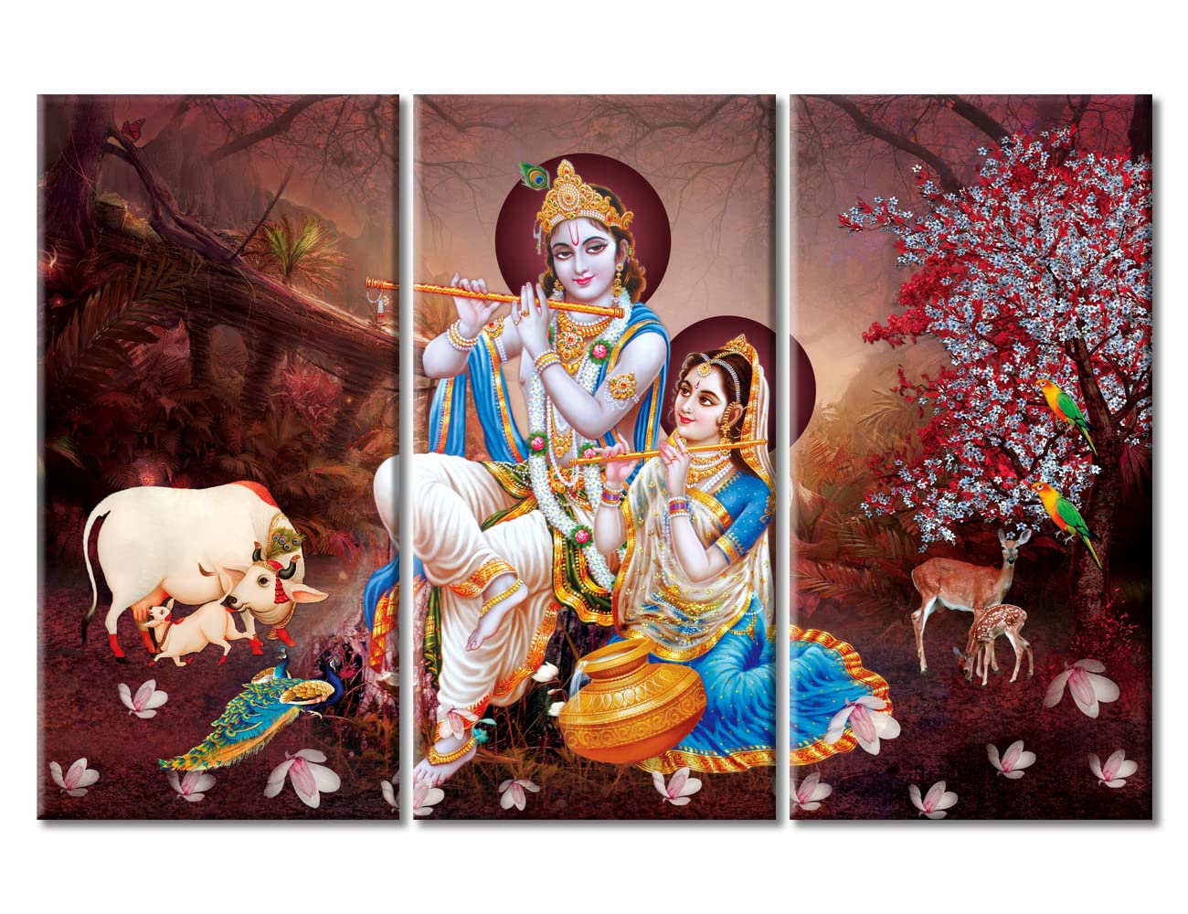 TUMOVO 3 Piece Wall Art Radha Krishna Pictures for Living Room India Religious Culture Prints Canvas Frame Decor Artwork Home Walls Decorations Room, 42x28 Inches, Artwork-16, 28''x14''x3 Panels