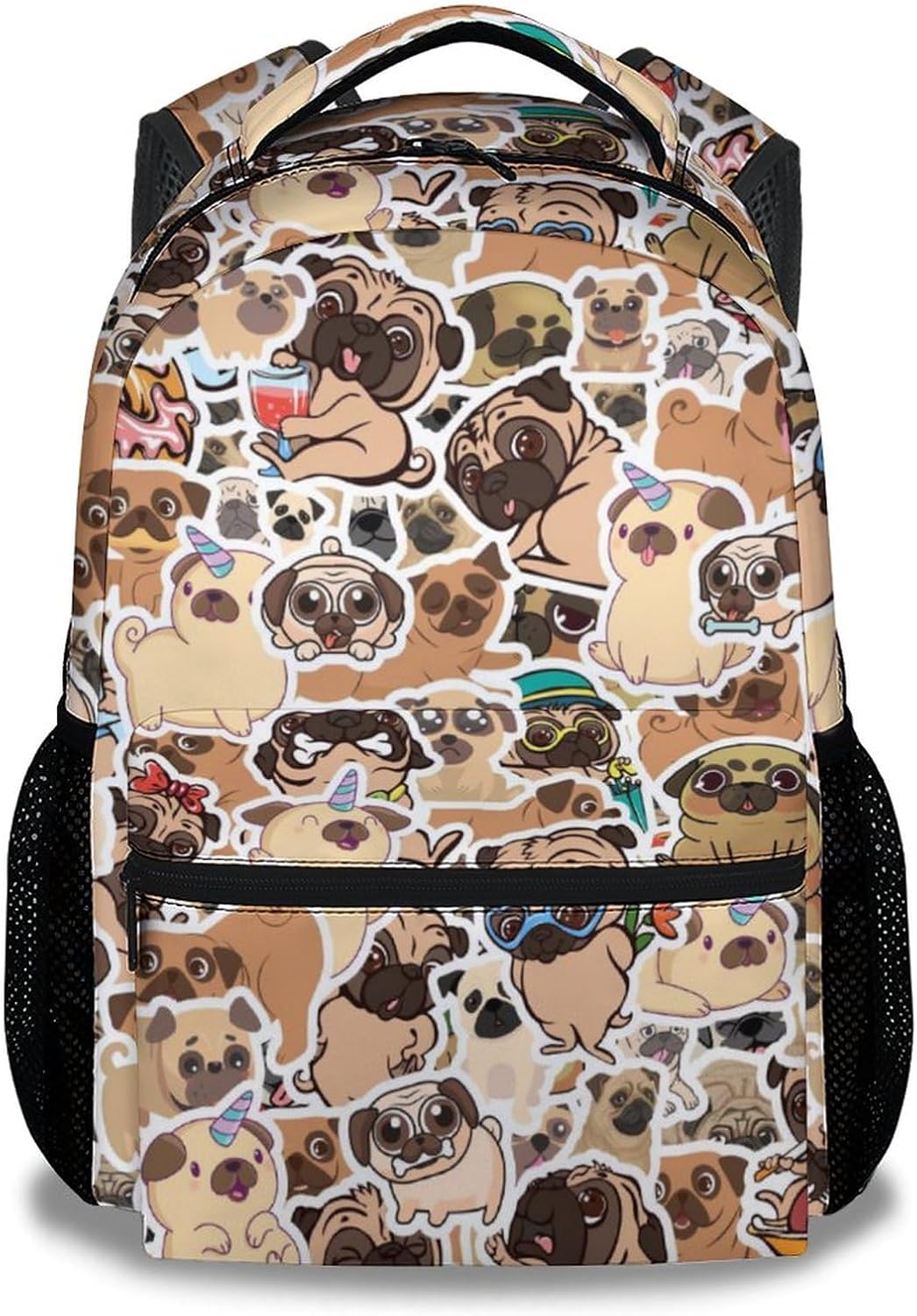 Pug Dog Backpack for Kids, 17 Inch Cute Backpacks for Kindergarten, Black Lightweight Bookbag for Girls, Boys