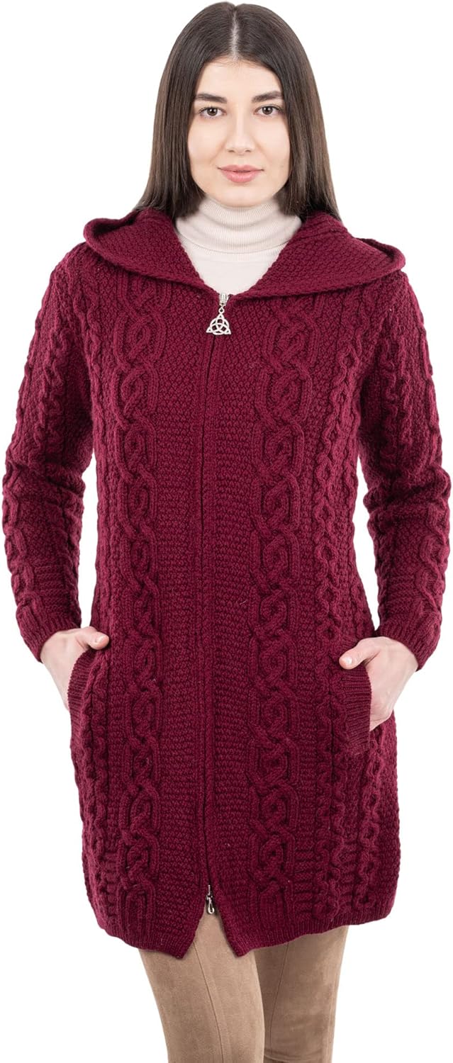 SAOL 100% Merino Wool Aran Irish Cardigan for Women with Pockets, Hood and Celtic Zipper