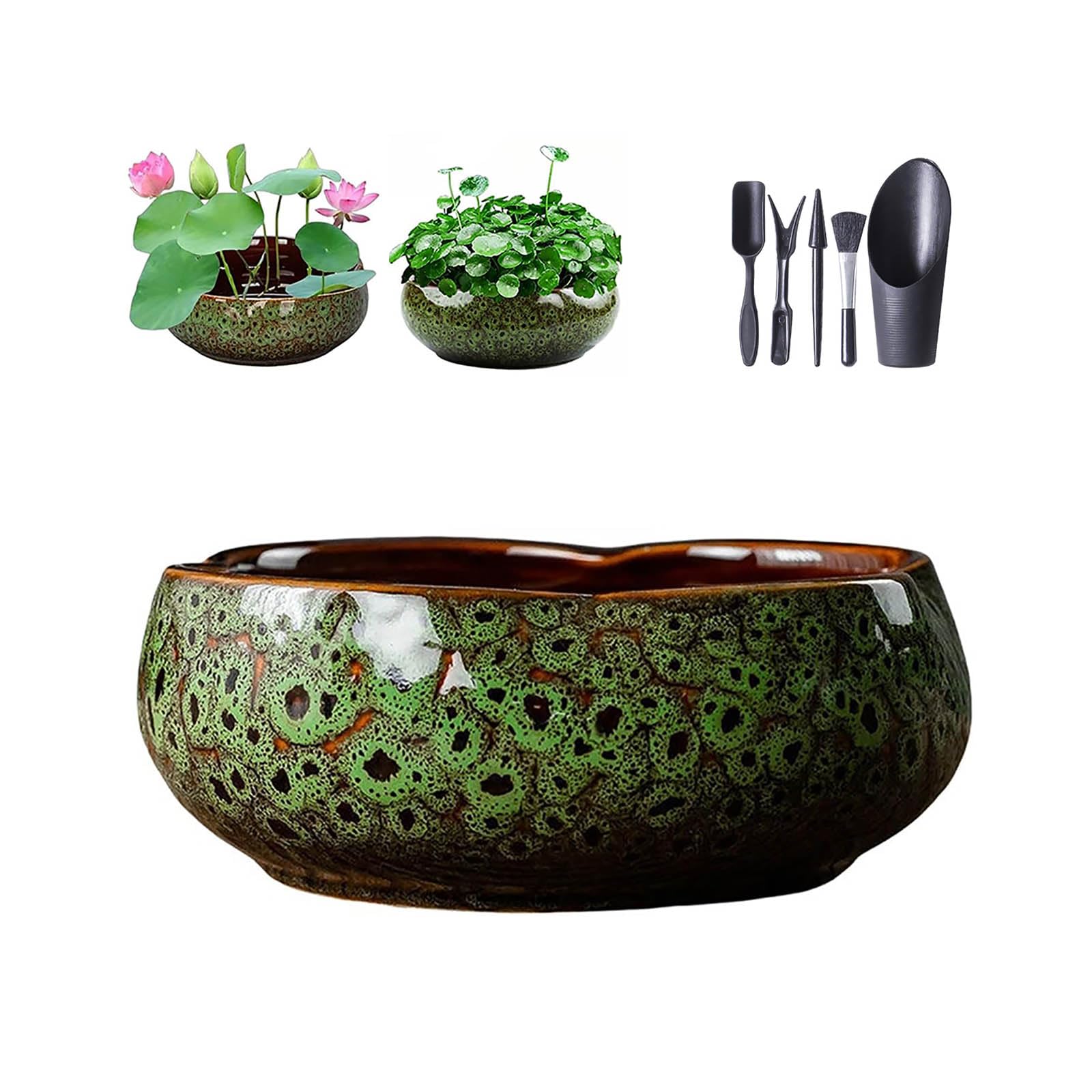 Ceramiczna doniczka z motywem lotosu do hydroponiki wewnętrznej, płytka doniczka w kształcie płatka do sukulentów, bonsai i roślin wodnych, idealna do nasion kwiatu lotosu