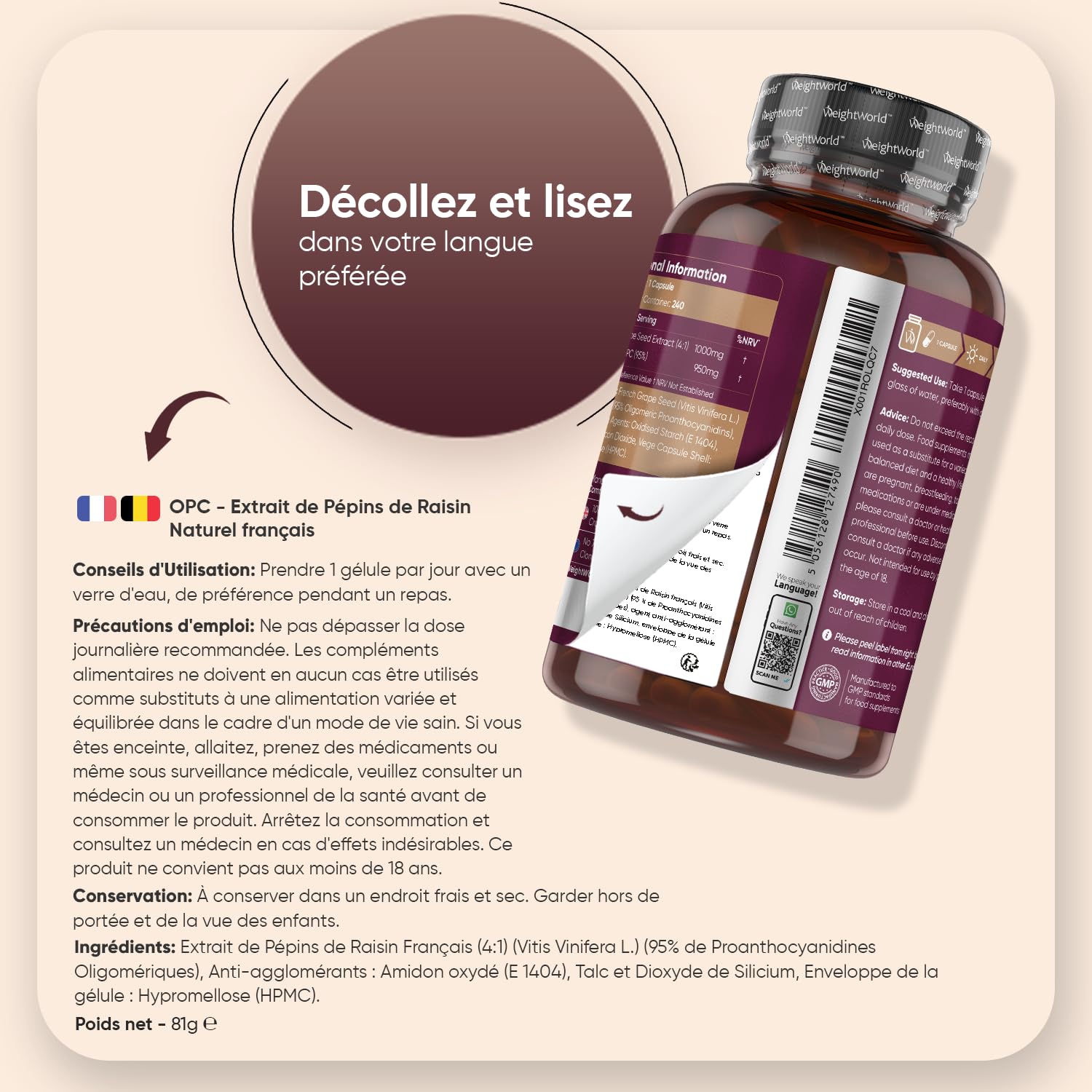 OPC Extrait de Pépins de Raisin Français (French Grapeseed Extract) - 240 Gélules Vegan pour 8 Mois d'Apport - 95% de Proanthocyanidines Oligomériques - Vitis Vinifera L. avec Polyphénols, sans OGM