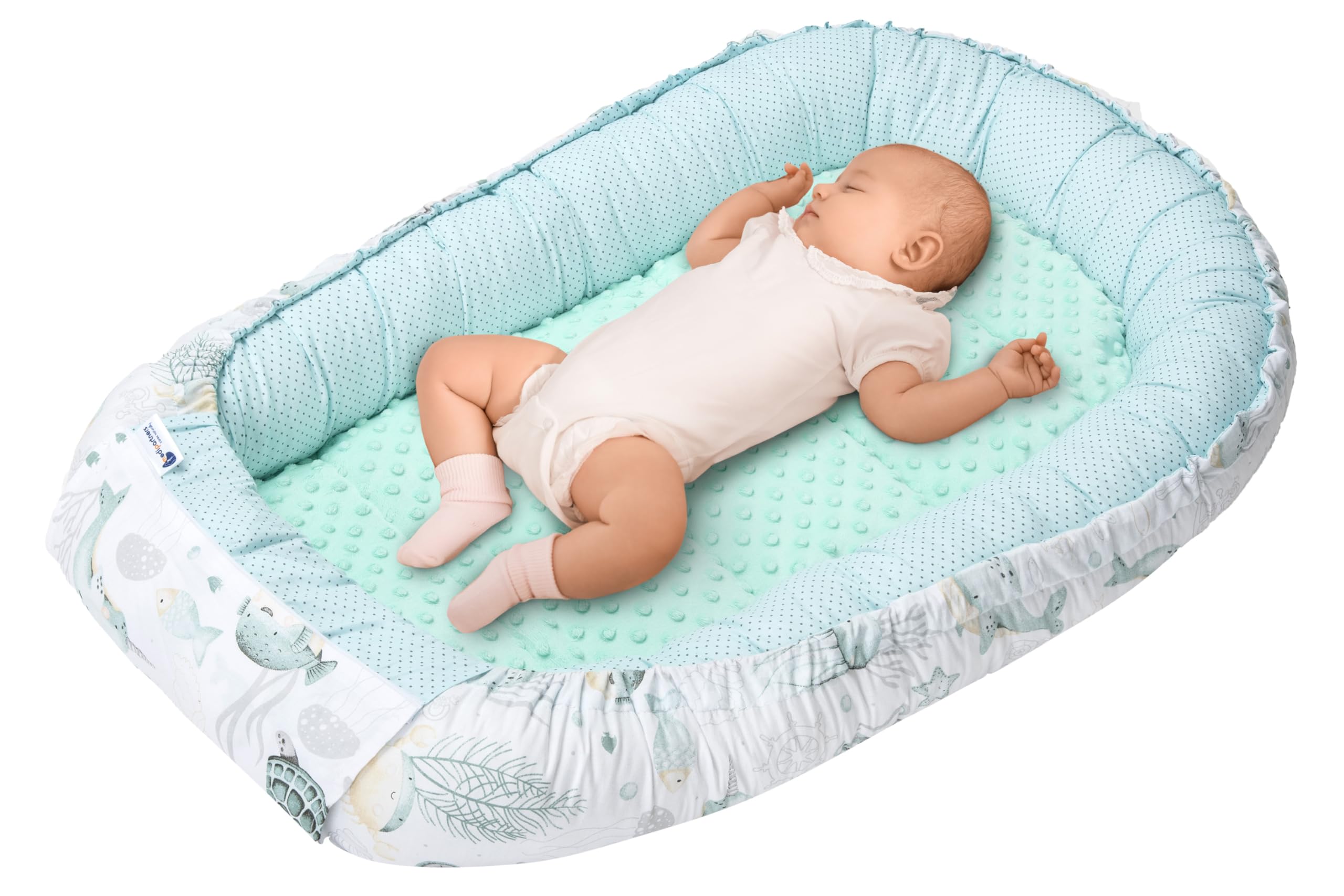 Medi Partners Baby Nest Pod for Newborn Babynest Sleep Bed - 100x60x15 Lounger Essentials 0-12 Months sleeping bilateral Cocoon 100% Cotton (Ocean with mint Plush)