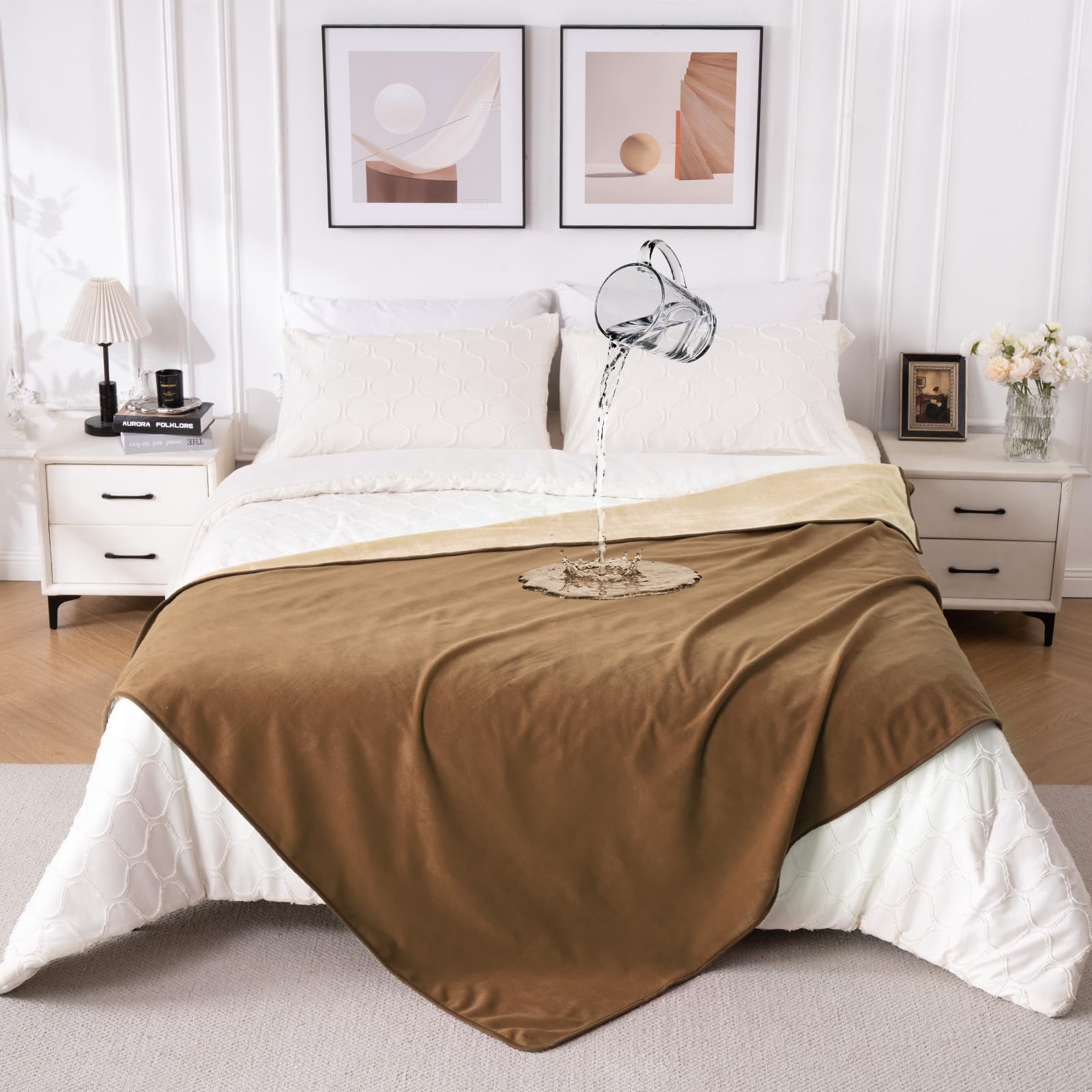 Qiyi Brown/Tan Waterproof Blanket For Bed Couch Sofa, Washable Reversible Throw King Size, Leakproof Spill-Proof Mattress & Furniture Protector For Pets Dogs Cats, 150X200cm,