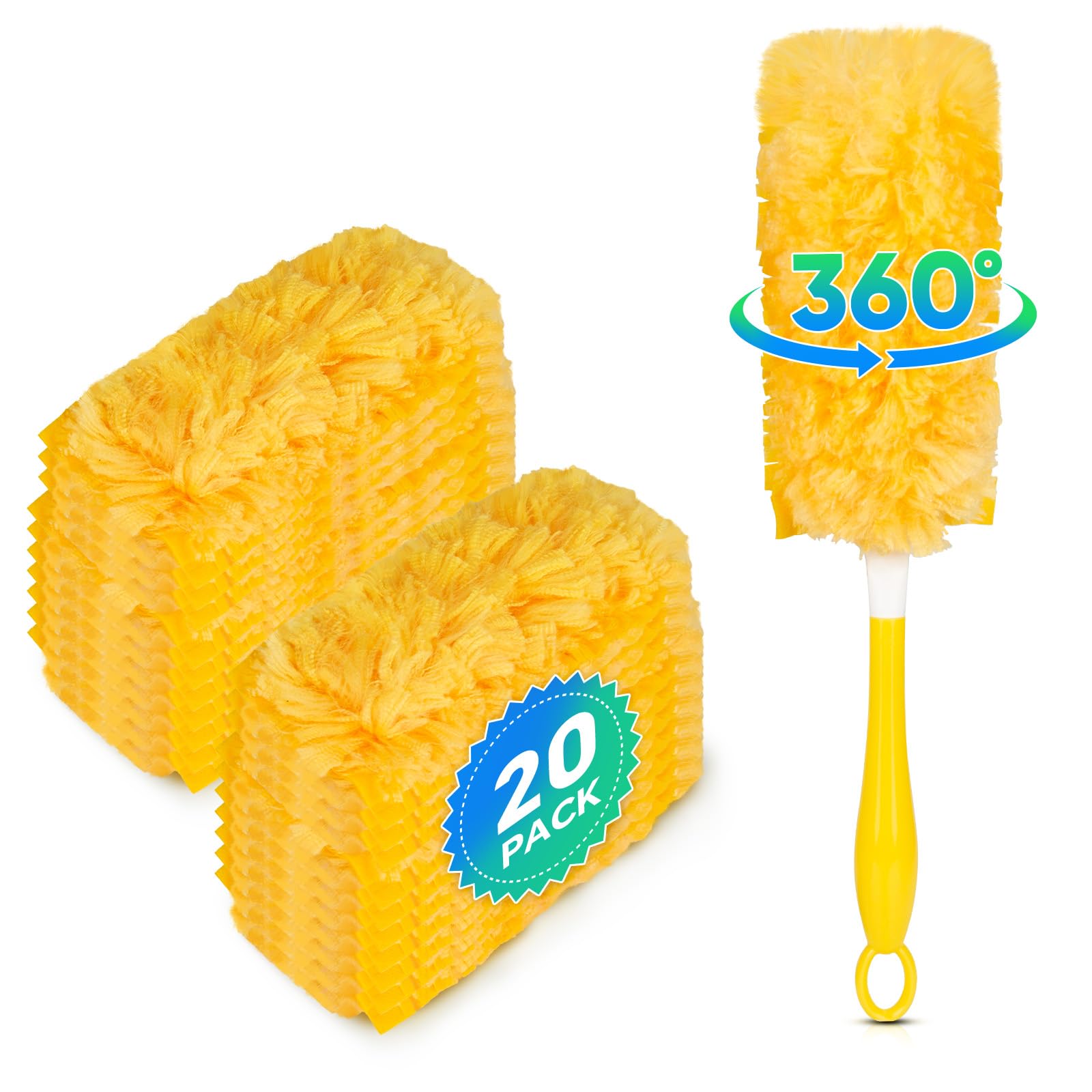 Docxcdo Yellow 20 Count Fluffy Duster Refills For Swiffer And Flash Duster, 360° Dust Magnet Starter Kit, 1 Handle + 20 Dust Magnet Refills, Effective For Cleaning Home, Blinds, Furniture, Electronics