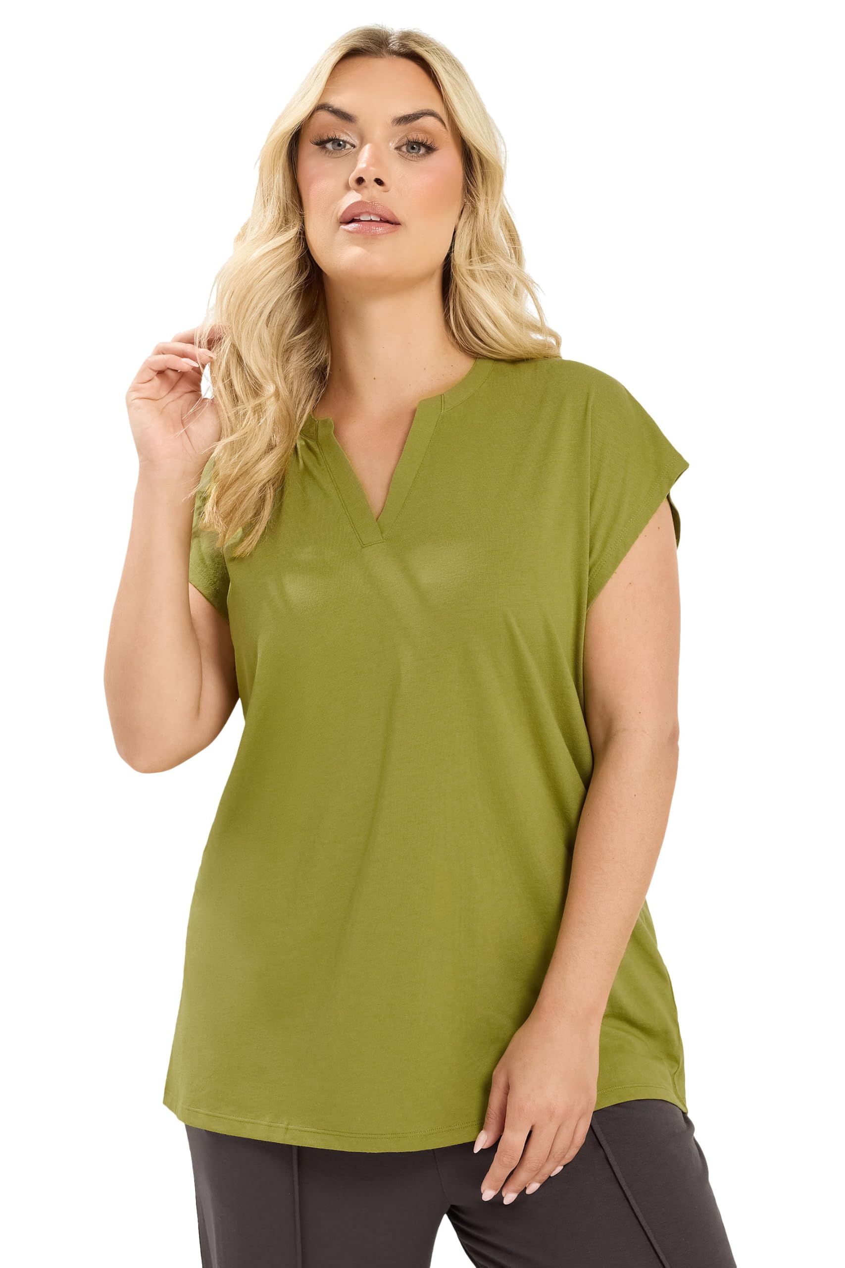 Yours Women's Green Notch Neck T-Shirt In | Size: 26/28