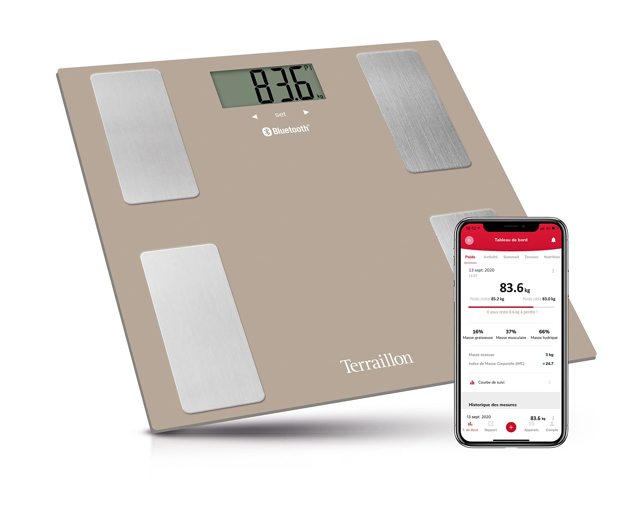 TERRAILLON Pèse Personne Connecté COACH CONNECT - IMC - 8 Utilisateurs - Bluetooth Low Energy - Capacité 160Kg - Marron