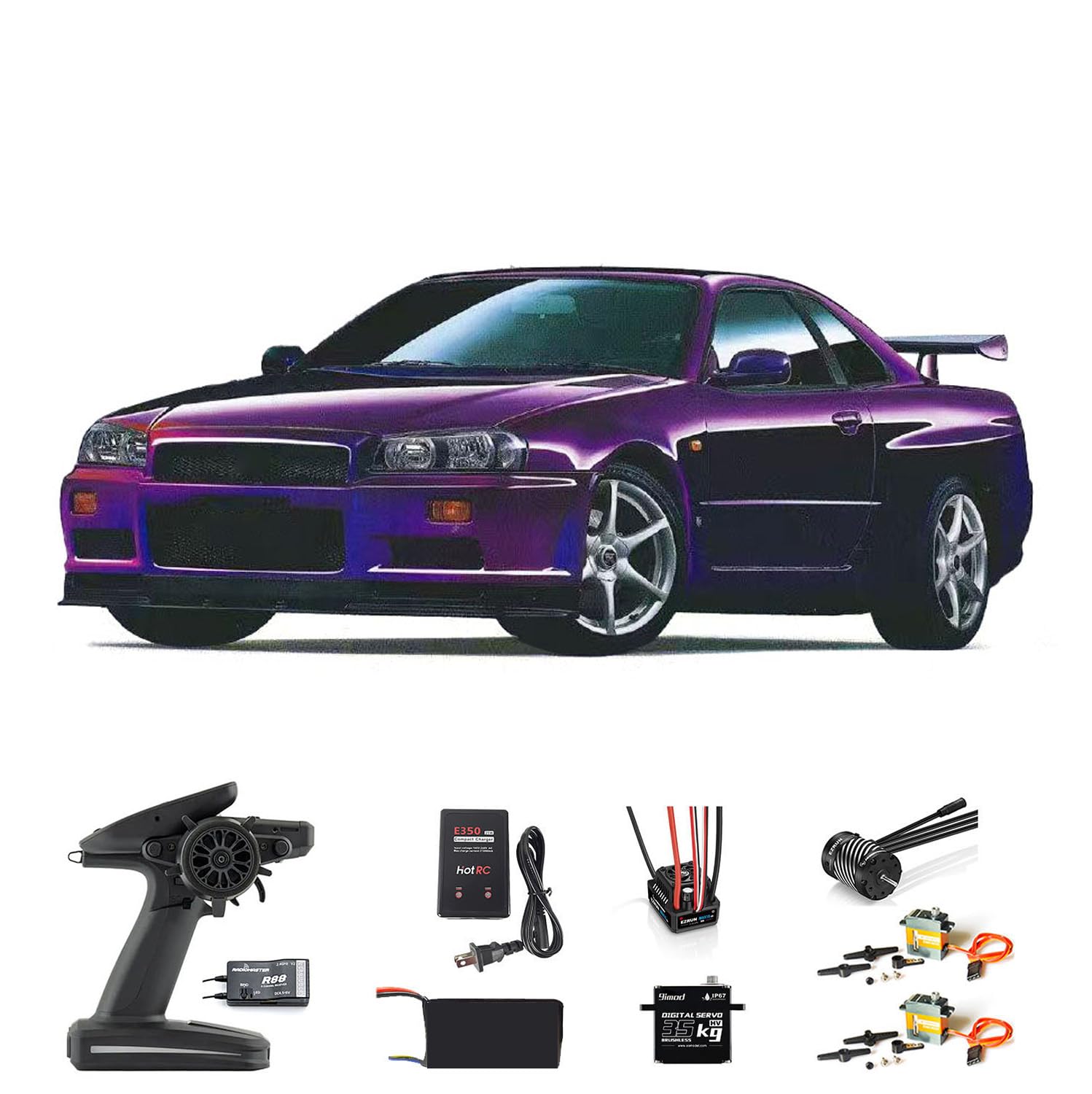 Capo 1/8 4x4 R34 4WD RC Racing Car Metal High Speed 2-Speed Transmission Ready to Run Drift Cars Light Sound System Smoke Unit Racing Car Model(Purple)