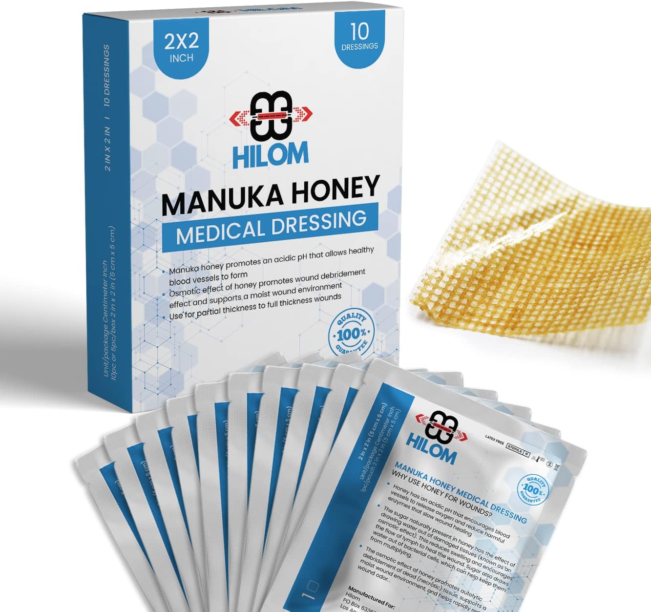 Hilom Medical Grade Manuka Honey Gauze Dressing 2 inch x 2 inch (10 Pack - Non-Adherent) | First Aid for Minor Wounds Such as Cuts or Advanced Wound Care of Bed Sores, Burns, or Lacerations