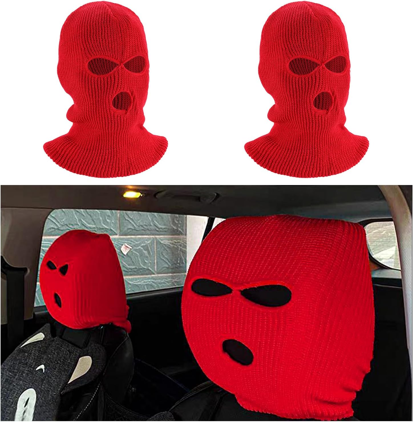 Ohleats 2PCS Car Headrest Cover, Personalized Funny Auto Seat Headrest Full Face Mask, Ski Mask Front Headrest Protector Decoration for Most Vehicles, Universal Car Accessories (Red)