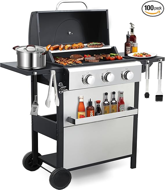3-Burner Propane Gas Grill with 30,000 BTU Output - Easy-Clean Grease Management & Even Heat Distribution for Perfect BBQs (3-Burner)