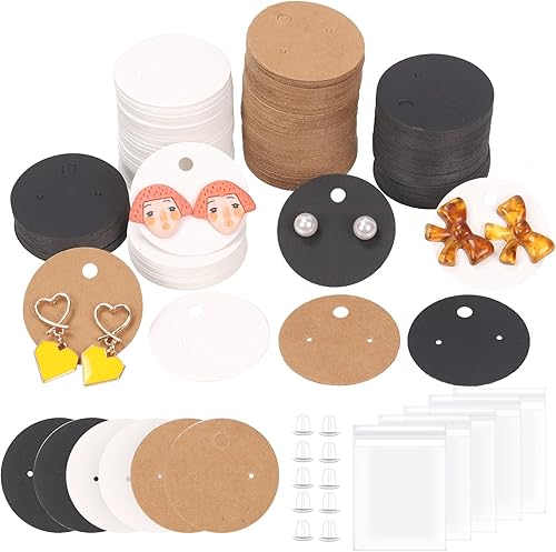Swpeet Juego de 800 tarjetas de exhibición de aretes de 3 colores, 1.6 in a 1.6 pulgadas, papel kraft redondo blanco y negro, tarjetas con parte