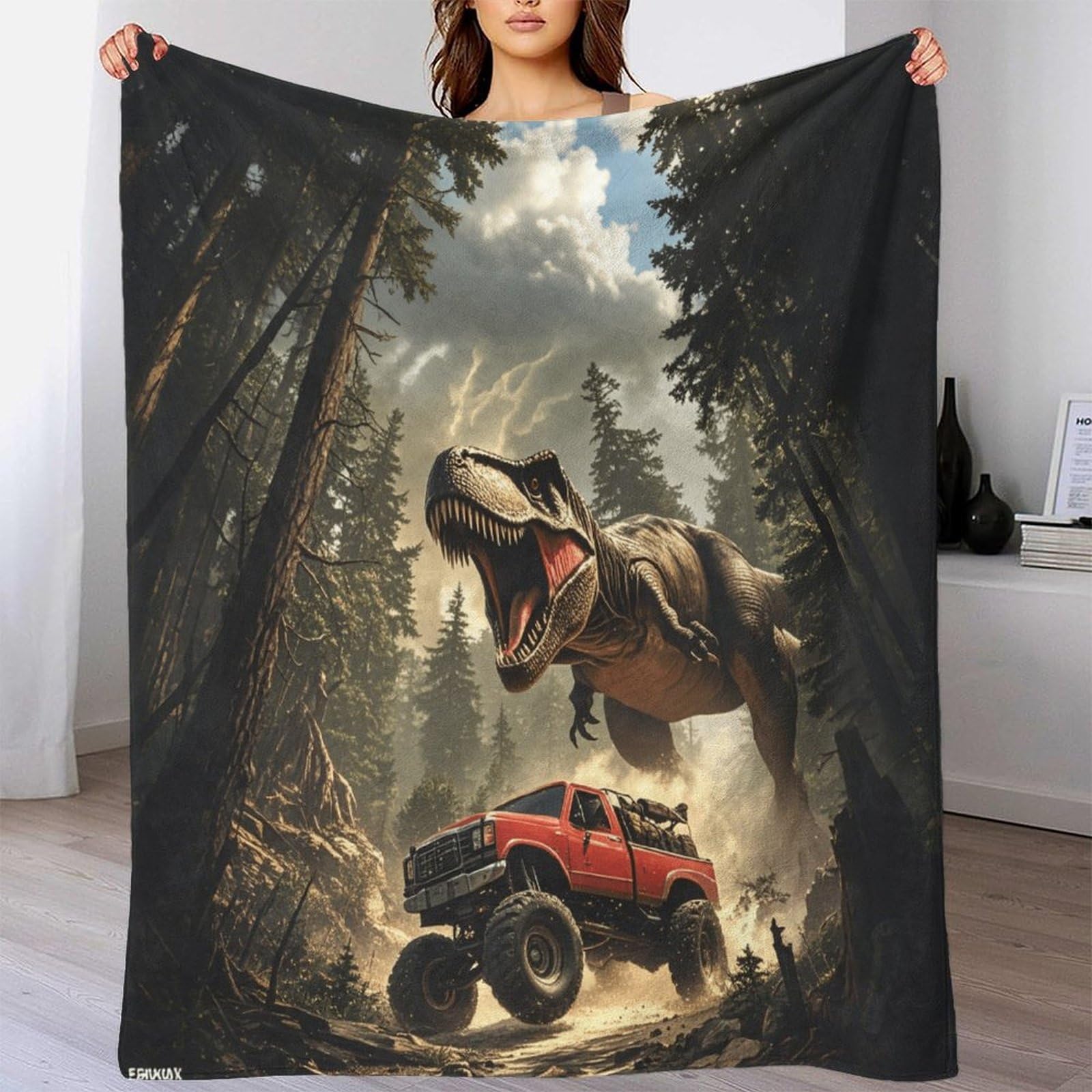 Dinozaur miękki i ciepły koc flanelowy, koc polarowy w kratę do łóżka, sofy, 80 x 90 cali (200 x 230 cm) T-Rex Monster Truck Pluszowy koc z polaru Sherpa - efekt uspokajający głęboki nacisk
