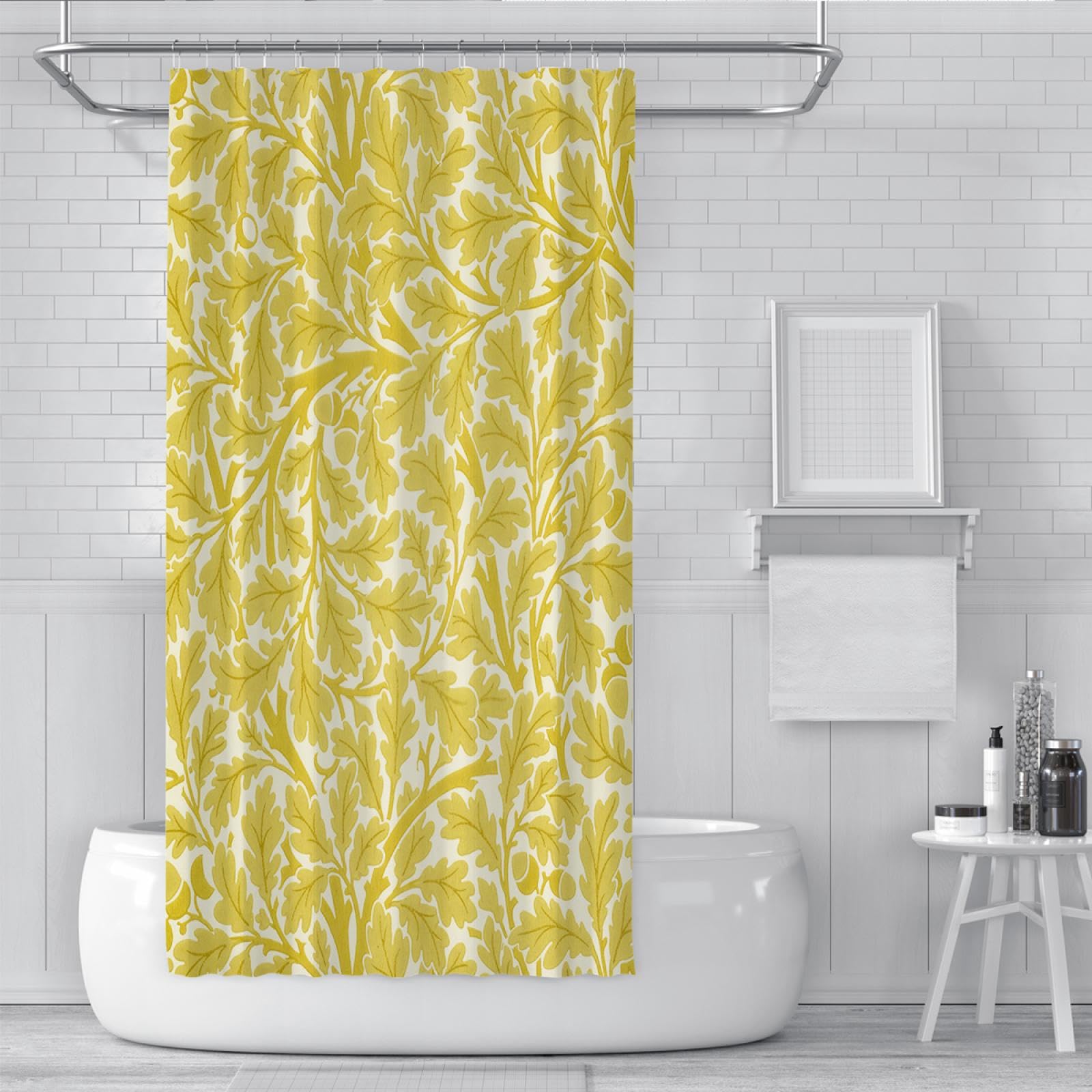 Cortina de Ducha con Estampado de Hojas botánicas Amarillas Decoración de baño Moderna y Brillante Cortina de Ducha de bañera de Tela de poliéster Impermeable con Ganchos 240Bx200Lcm