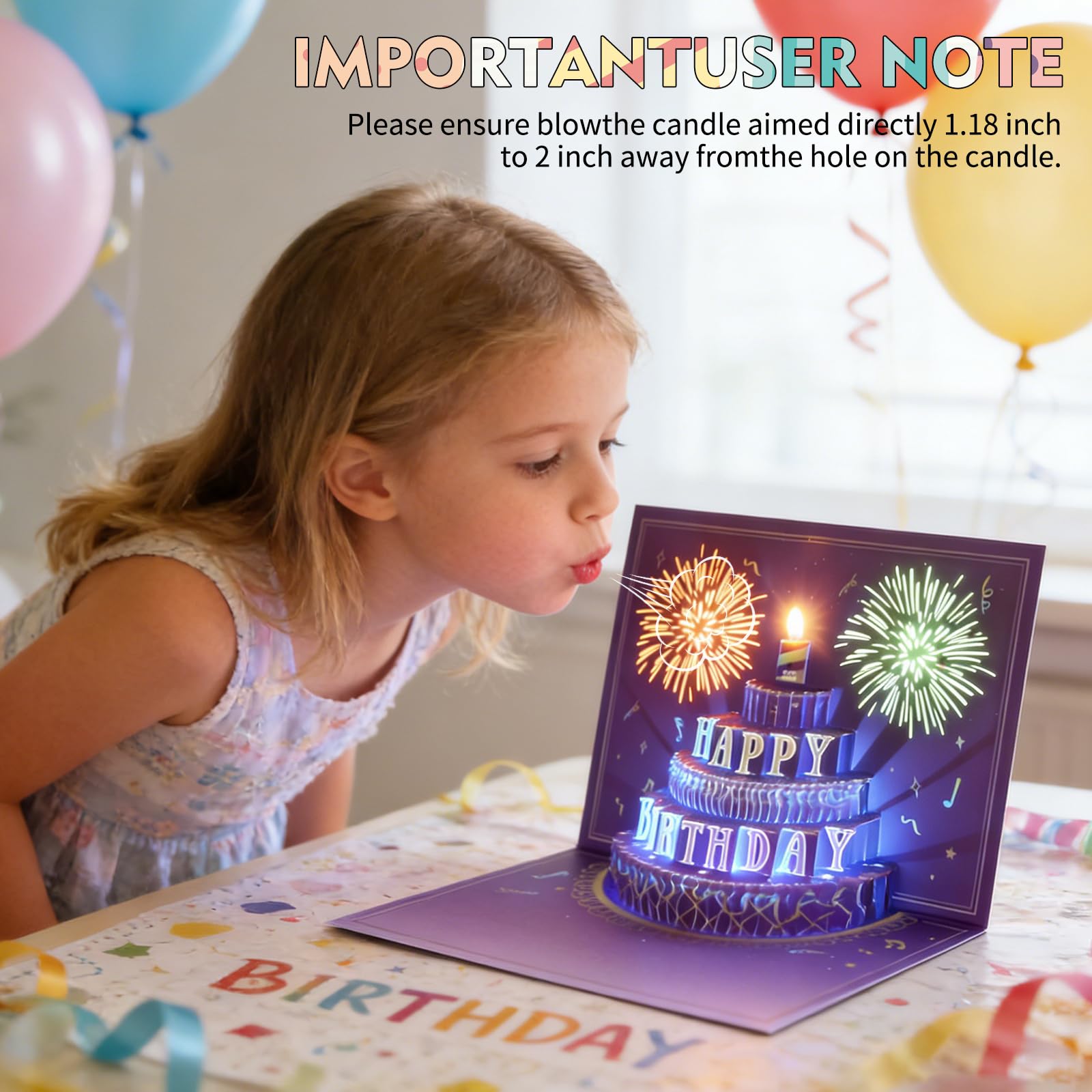 XTF2015 Happy Birthday Karte, Lichter & Musik & Sound Feuerwerk Kuchen 3D Pop Up Geburtstagskarte Geschenk mit Umschlag und Notizanhänger für Frauen, Männer, Kinder, Ehefrau, Mutter, Ehemann
