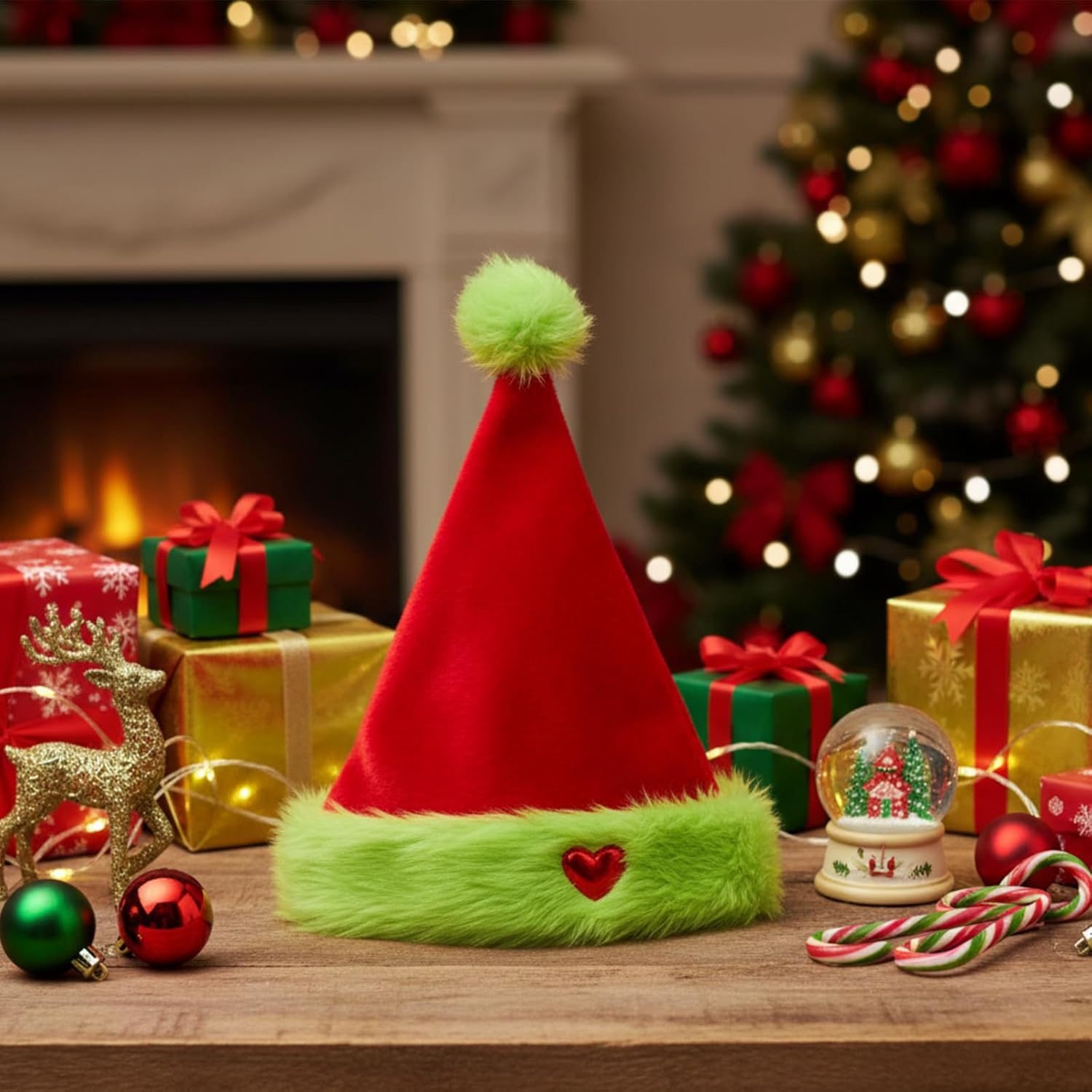 Haysandy Christmas Green Furry Hat with Heart Santa Hat Fur Trim Adult Xmas Classic Santa Cap for Christmas Winter Festive Holiday Gift Women Men New Year Role Playing Party Photo Prop - Image 7