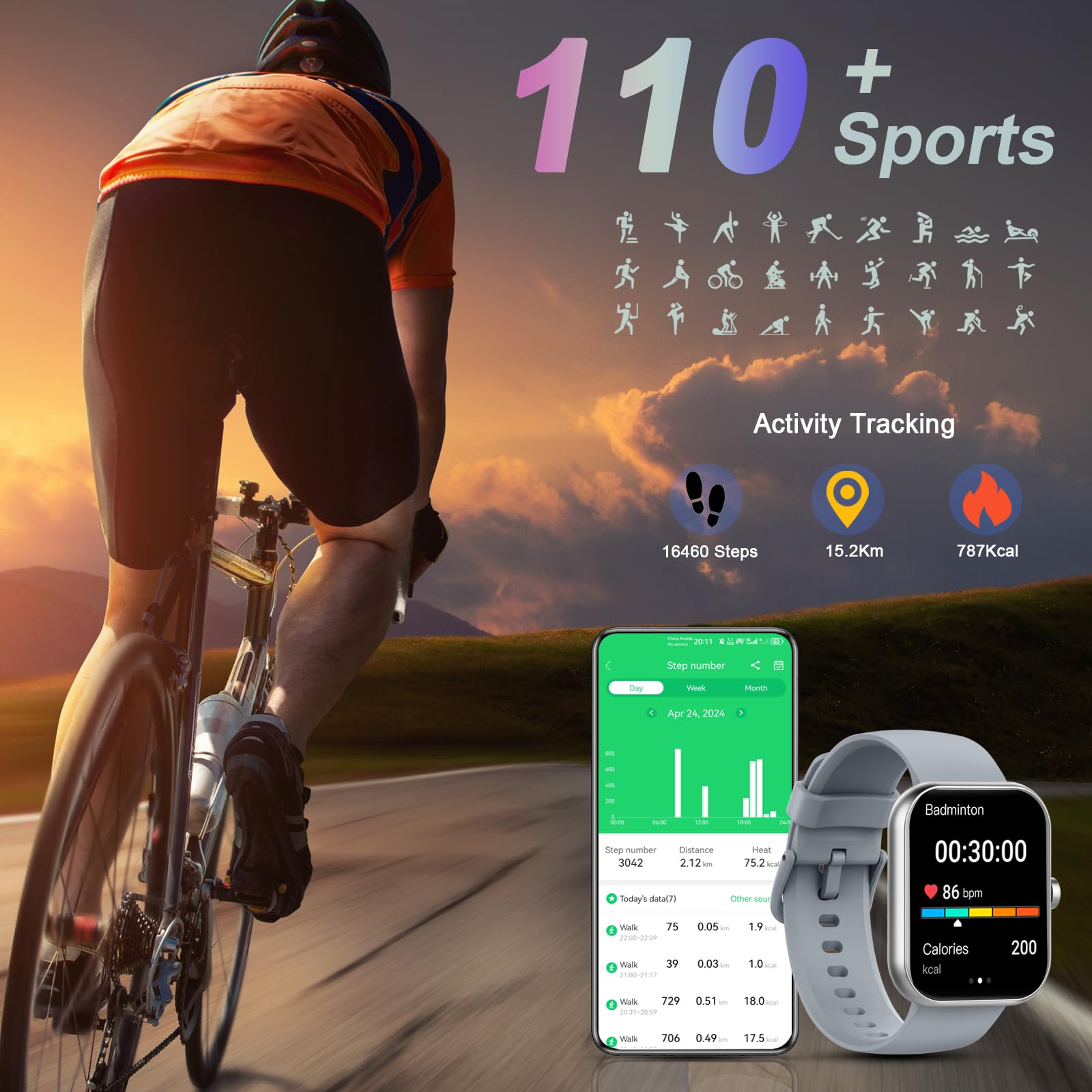 Motast Smartwatch Uomo Donna, 1.96" Orologio Smartwatch con Effettua/Risposta Chiamate, 112+ Sportive Smart Watch con Contapassi, Sonno/Cardiofrequenzimetro, IP68 Impermeabile Fitness Tracker, Grigio