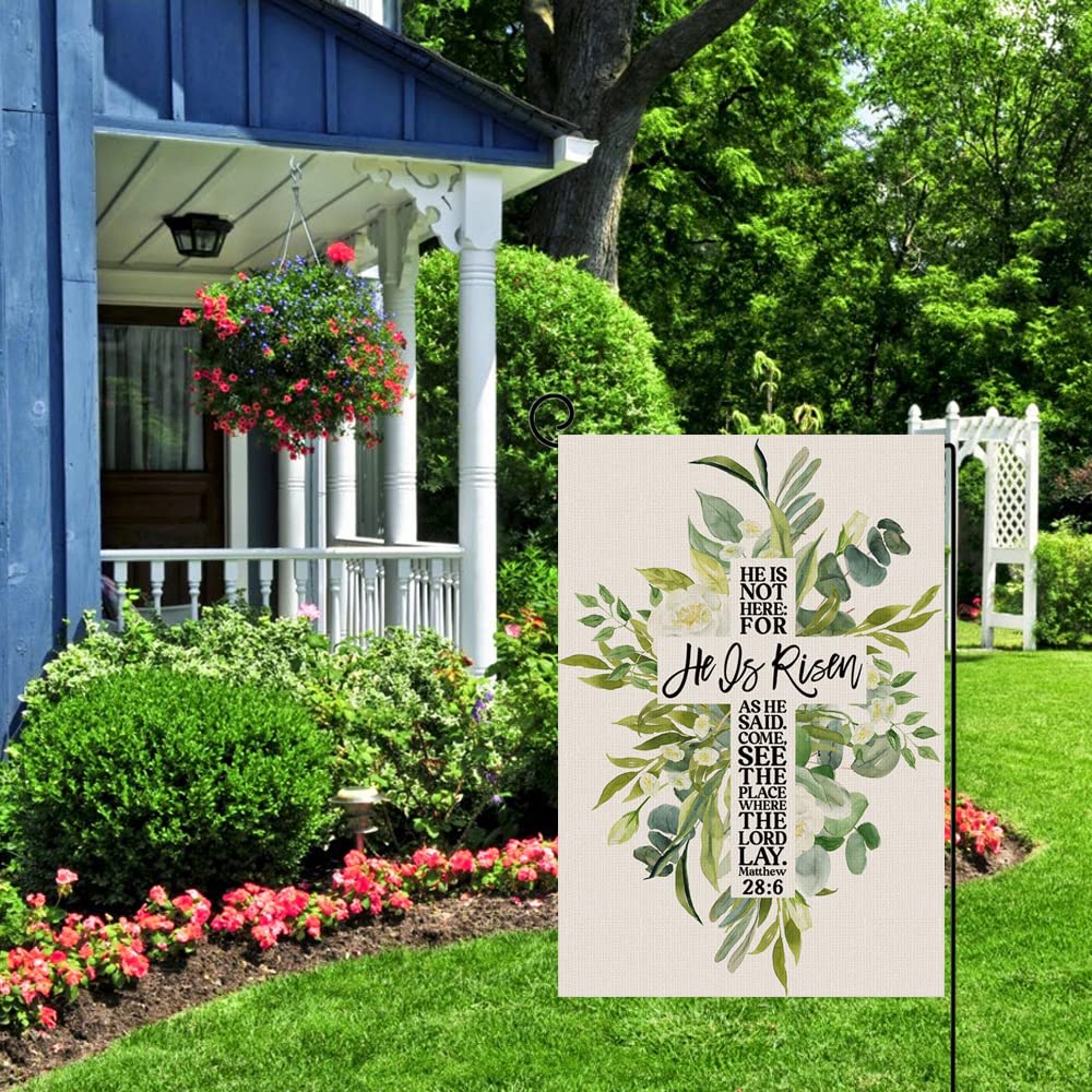 Doncida Oster-Gartenflagge "He Is Risen" - 30x45 Cm, Jute, Doppelseitig, Mit Hasen, Blumen, Kreuz