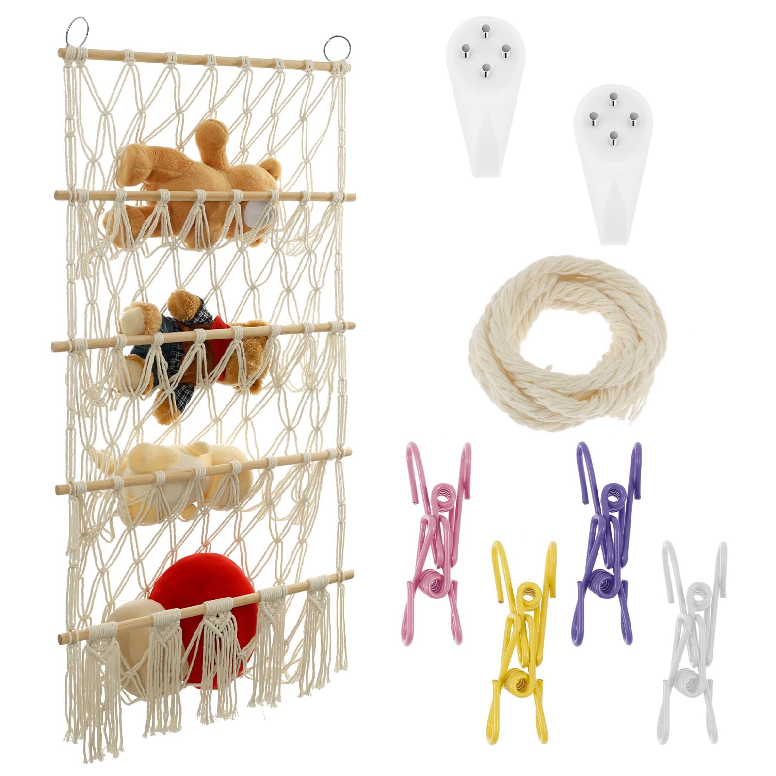 4 Tiers Stuffed Animal Storage Shelf Net Large Capacity Plushie Net Space Saving Macrame Wall Toy Holder for Nursery Kids Girls Boys, 105x52cm(white)
